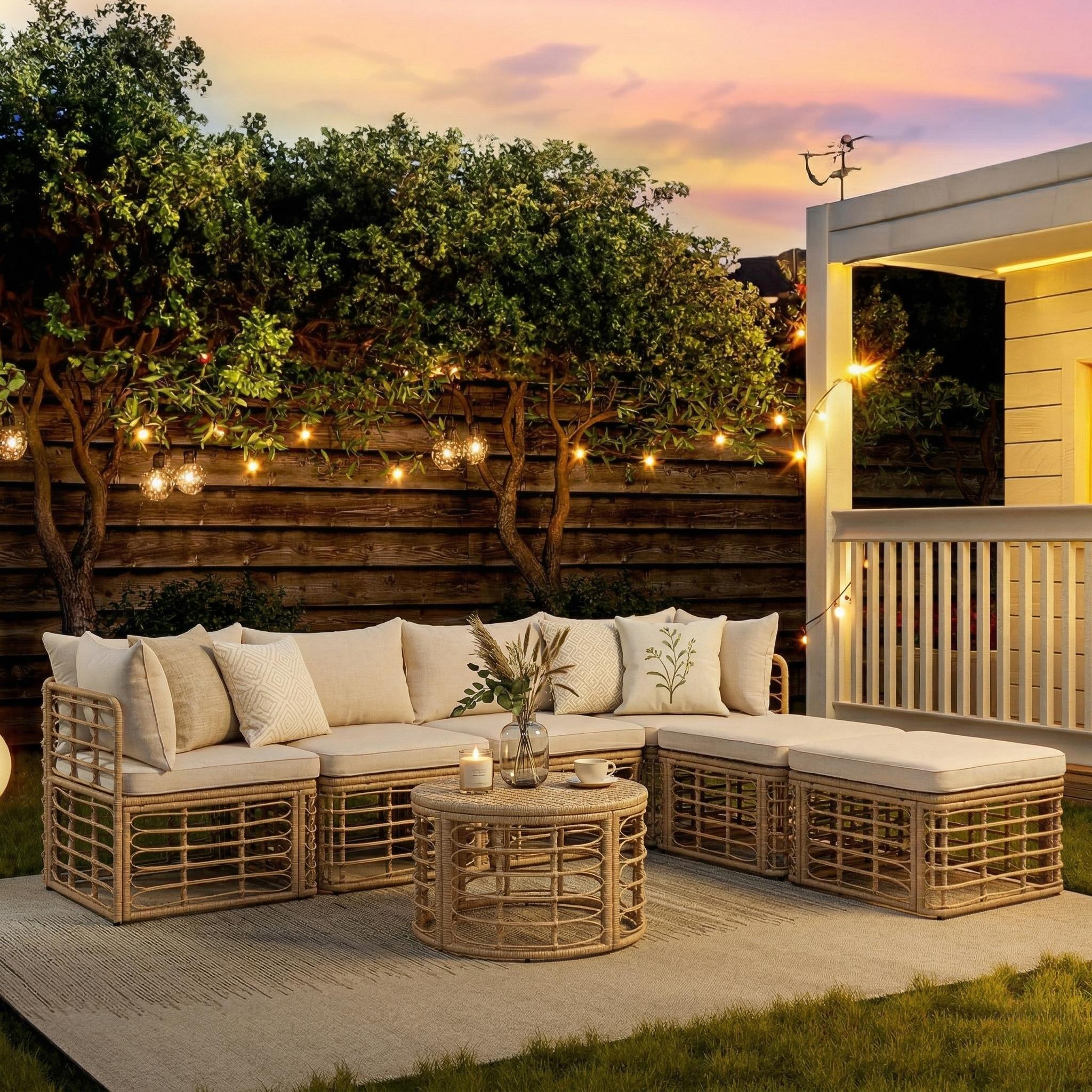7 Pieces Outdoor Patio Furniture, All-Weather Rattan Sectional Sofa Set with