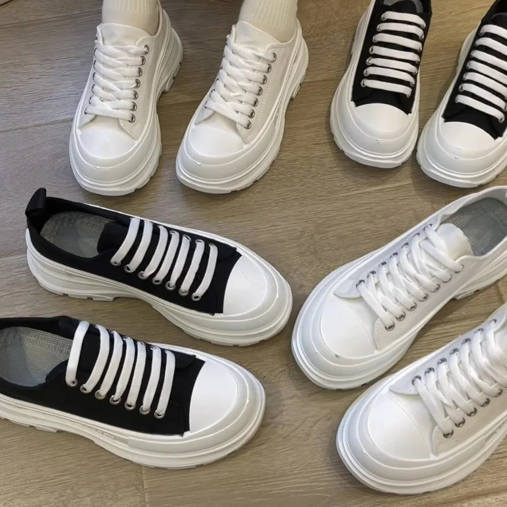 Canvas Lace Up Mid-Heel Platform Sneakers