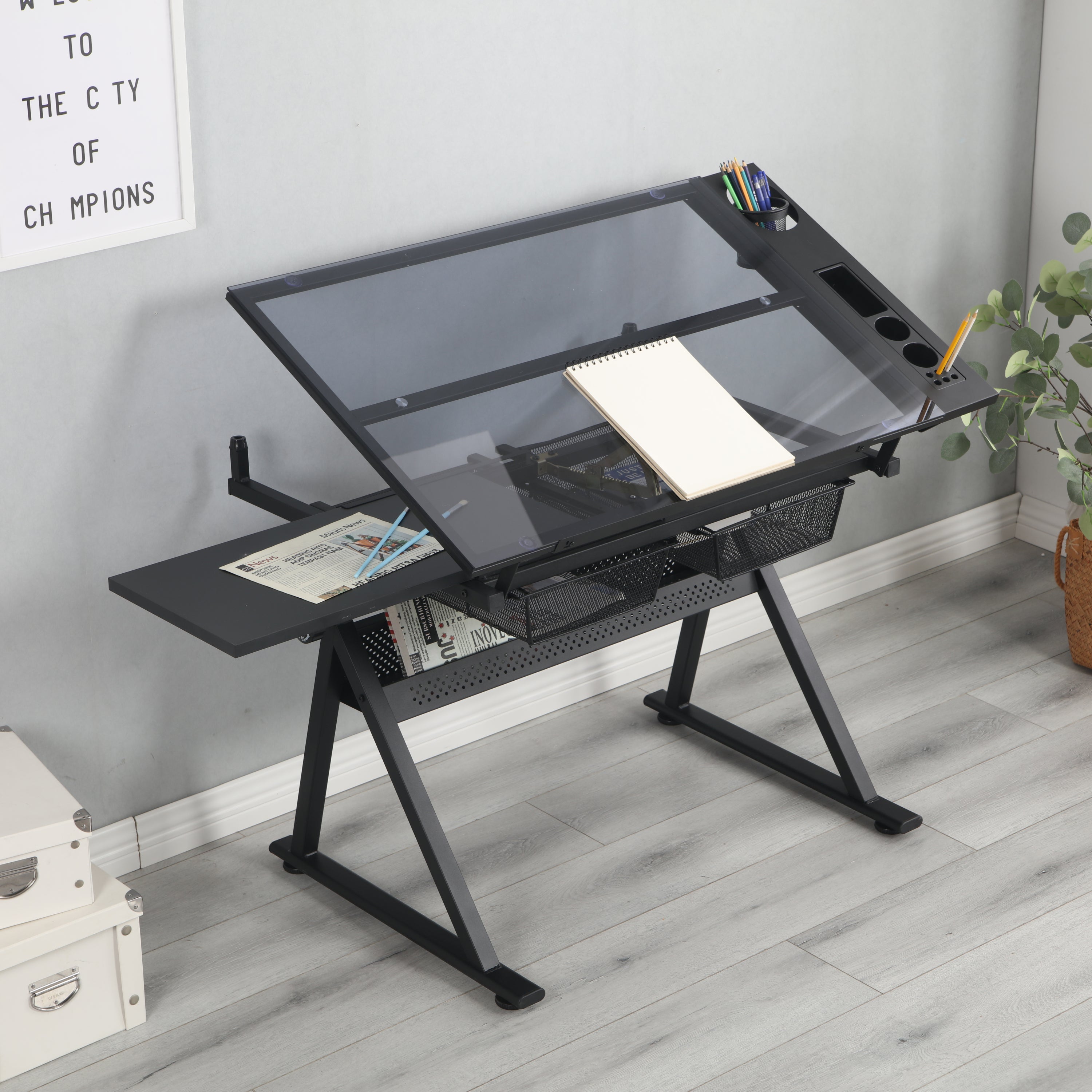 black adjustable tempered glass drafting printing table with chair