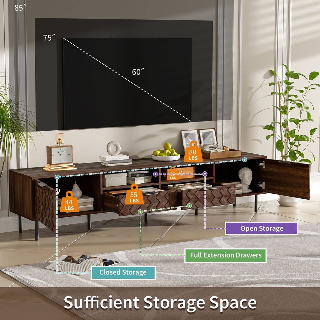 TV Stand For TVs Up To 85" With Closed Storage, Soft Closing Hinges, Living Room Entertainment Center - Walnut