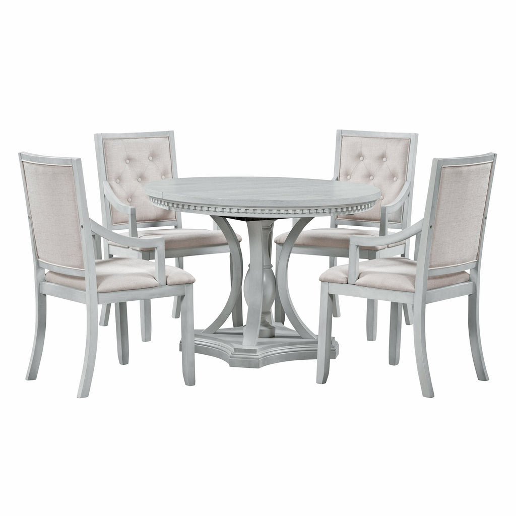 Retro 5-piece Dining Set Extendable Round Table and 4 Chairs for Kitchen Dining