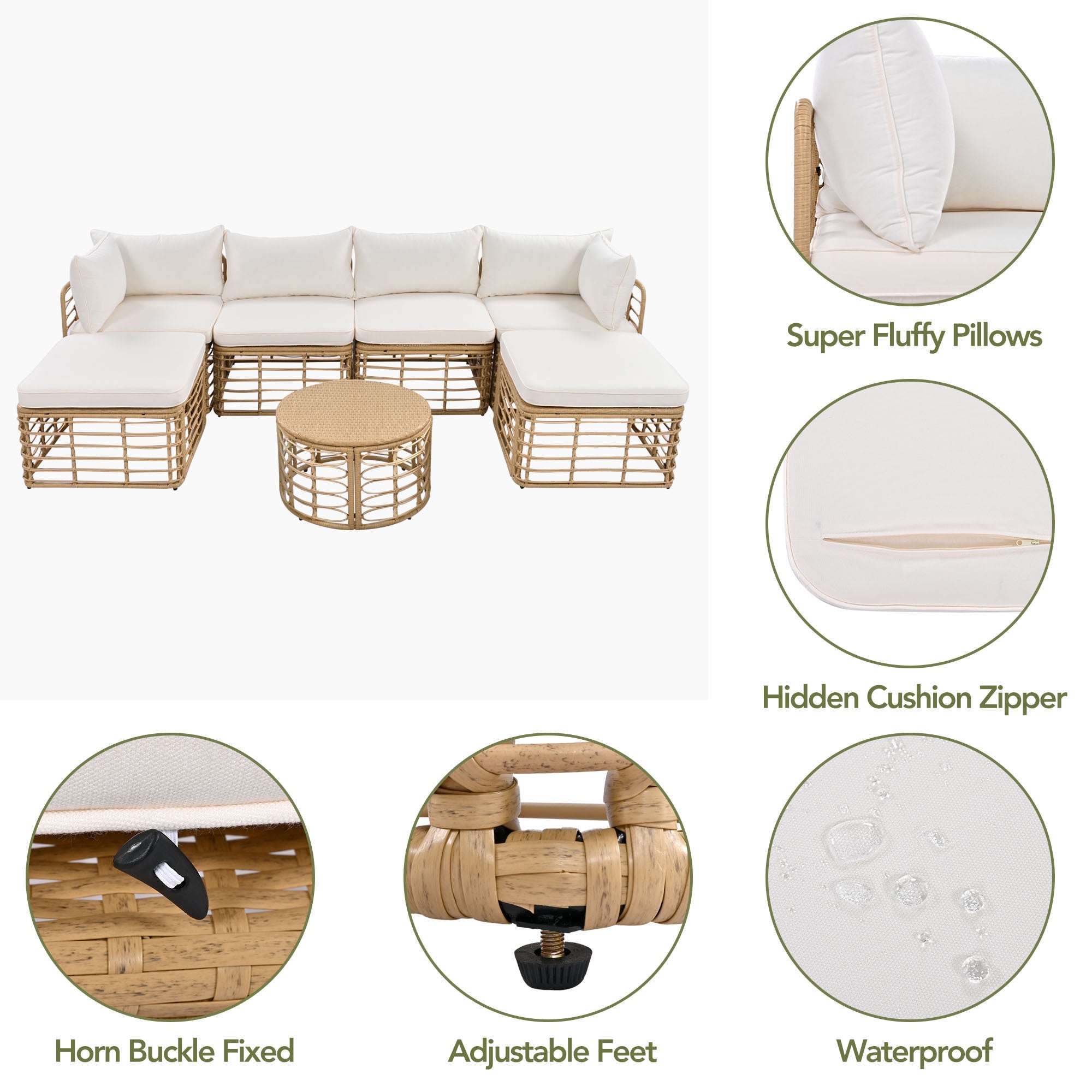 7 Pieces Outdoor Patio Furniture, All-Weather Rattan Sectional Sofa Set with