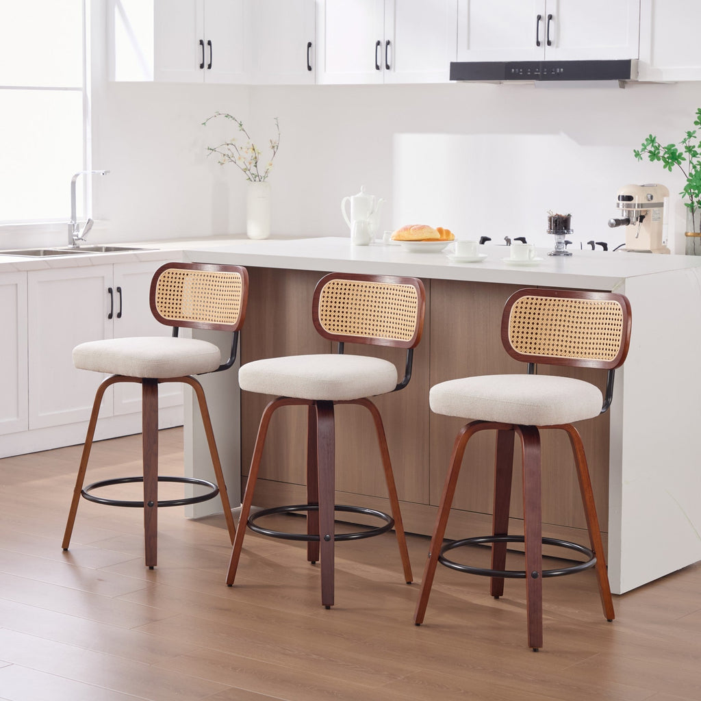 26-Inch Counter Height Bar Stools Set of 3, Walnut Black Cane Rattan Back, Beige
