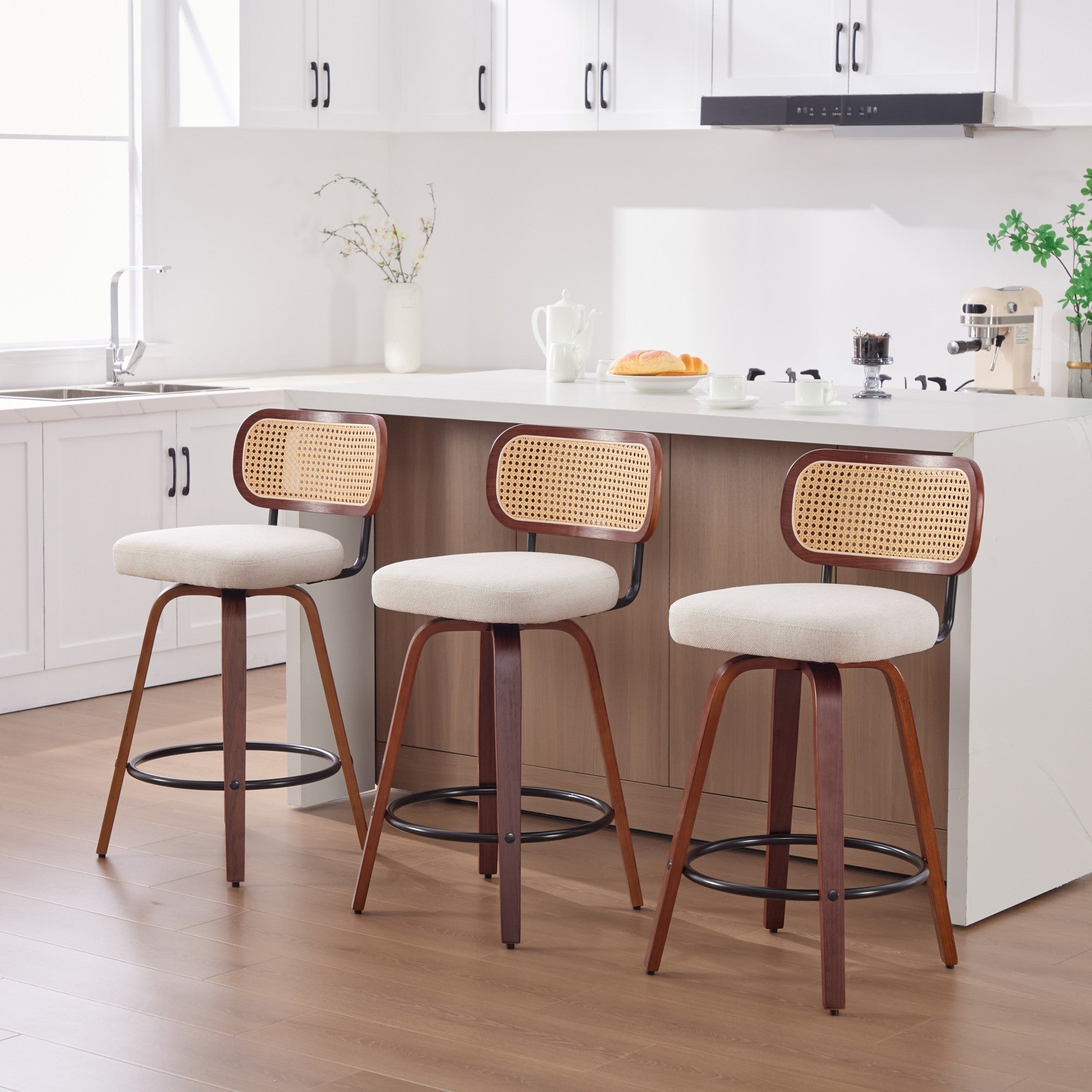 26-Inch Counter Height Bar Stools Set of 3, Walnut Black Cane Rattan Back, Beige