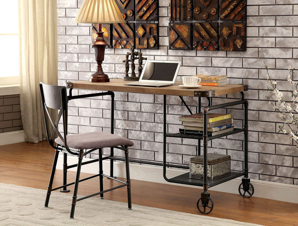 Industrial Inspired Desk With An Antique Black Metal Construction Replicated Wood Top And Caster Wheel Accents