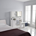 Vanity table with large sliding lighted mirror dressing table with 2 drawers storage shelves and upholstered stool white color