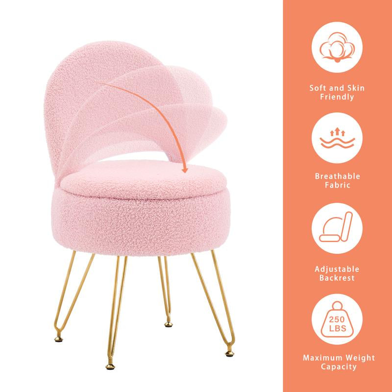 Storage Ottoman Vanity Stool Chair with Folding Back Teddy Velvet Makeup Chair Multifunctional Upholstered Footstool,4 Metal Legs with Anti-Slip Feet for Bedroom Living Room Entryway