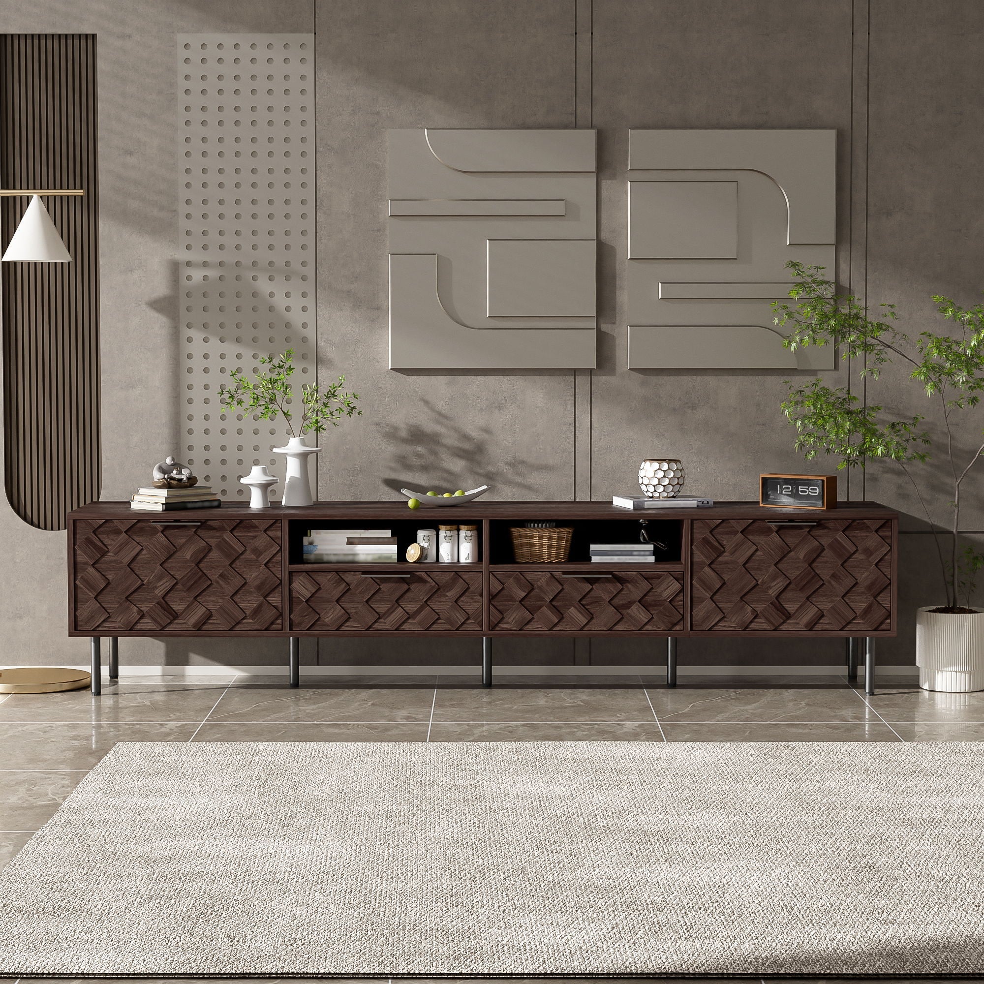 TV Stand For TVs Up To 85" With Closed Storage, Soft Closing Hinges, Living Room Entertainment Center - Walnut