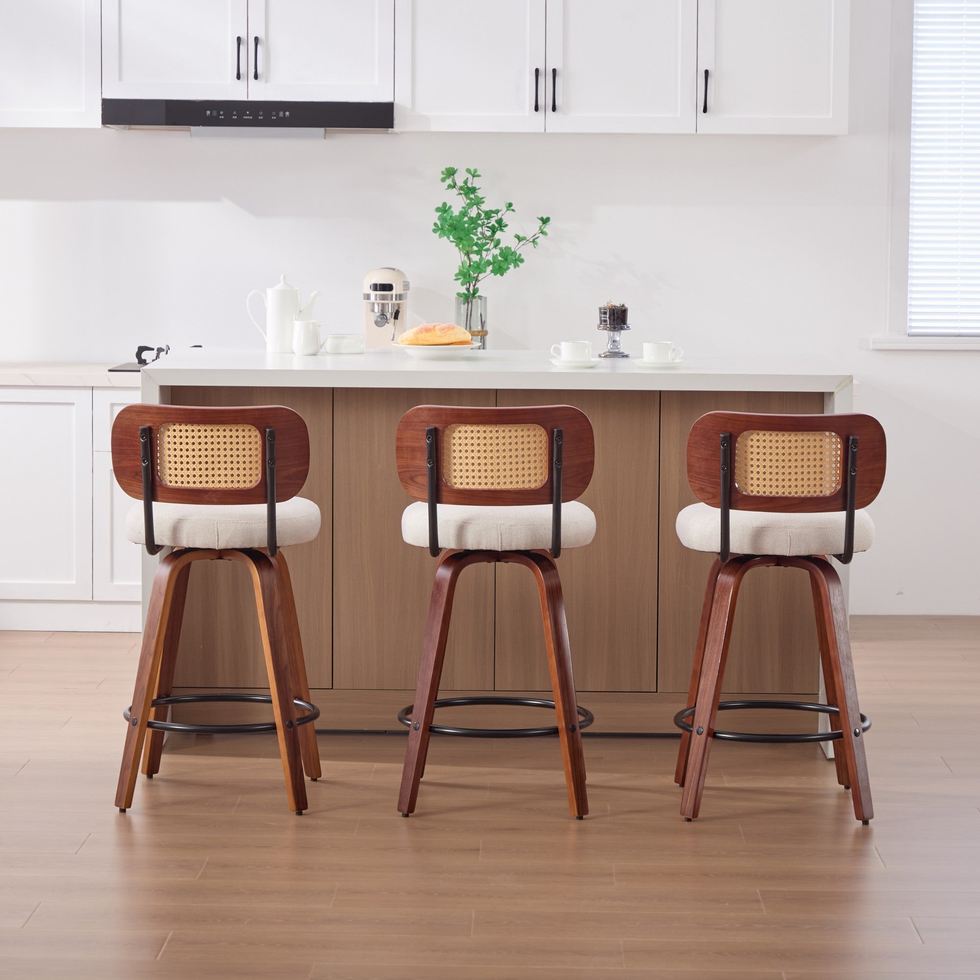 26-Inch Counter Height Bar Stools Set of 3, Walnut Black Cane Rattan Back, Beige