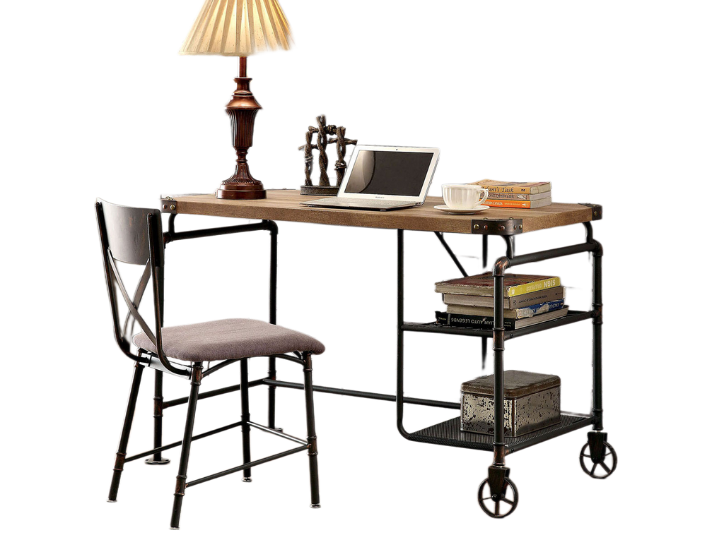 Industrial Inspired Desk With An Antique Black Metal Construction Replicated Wood Top And Caster Wheel Accents