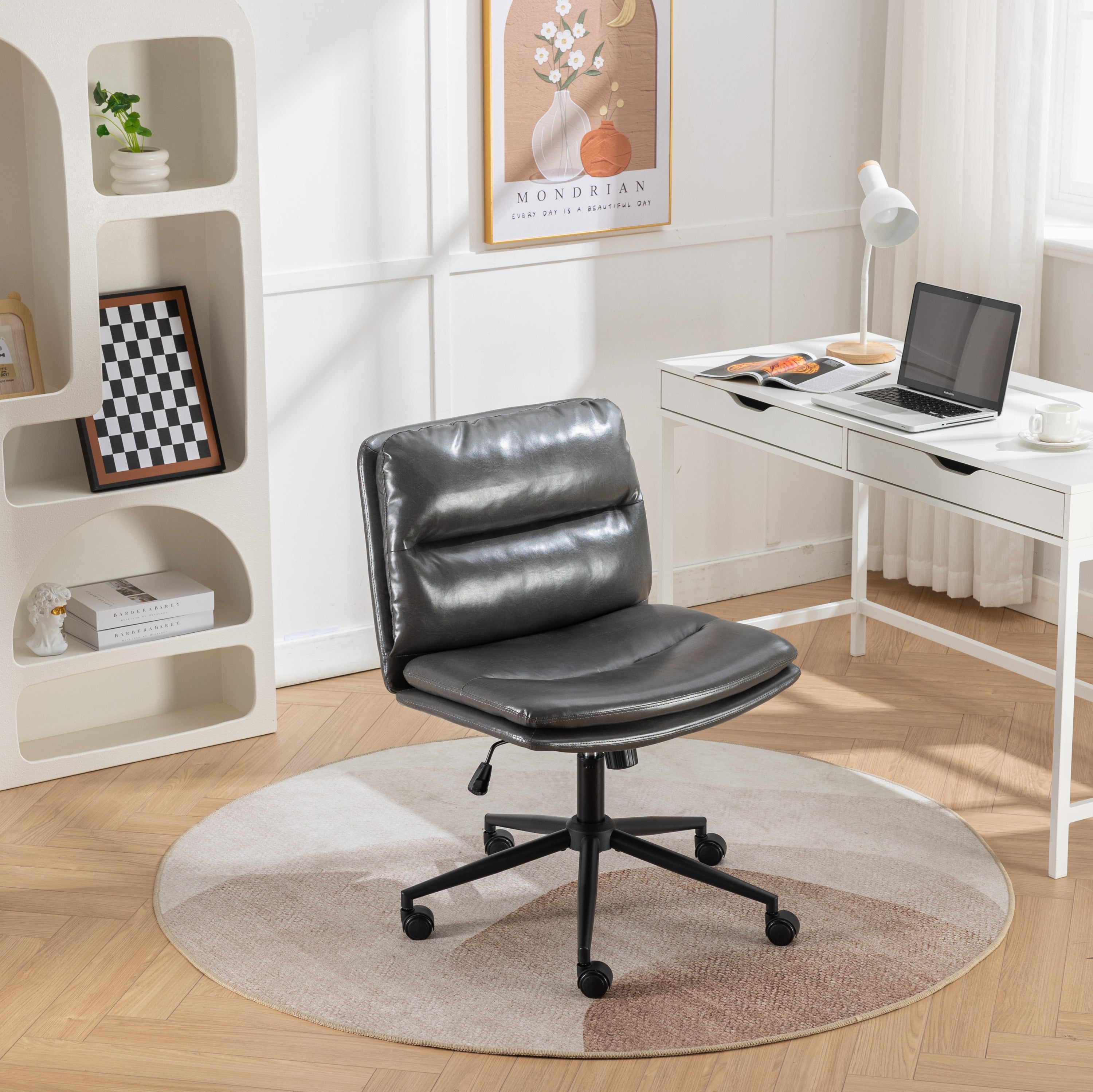 Office Chair Swivel Criss-Cross PU Leather Gray Iron Base Adjustable Height