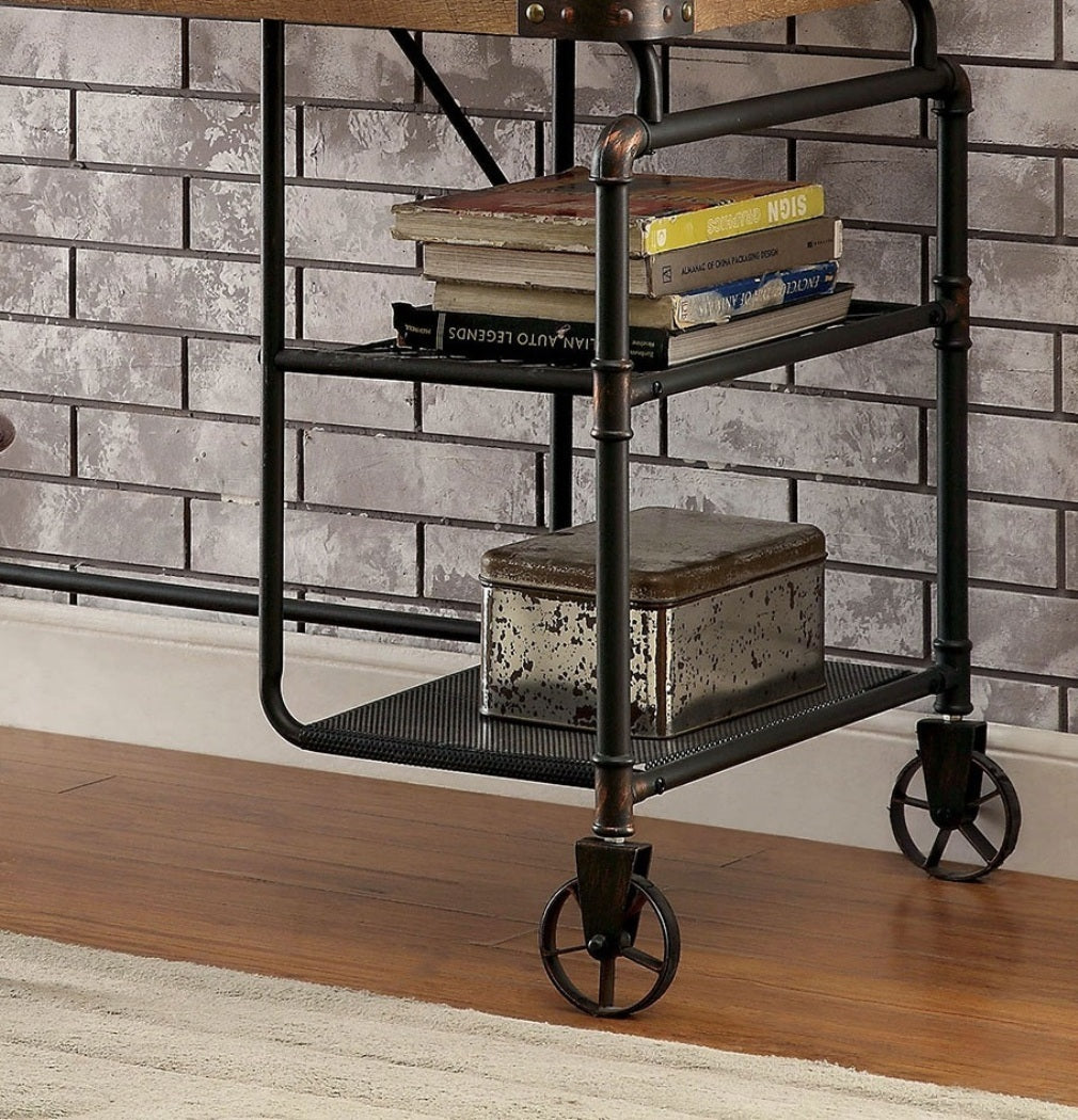Industrial Inspired Desk With An Antique Black Metal Construction Replicated Wood Top And Caster Wheel Accents