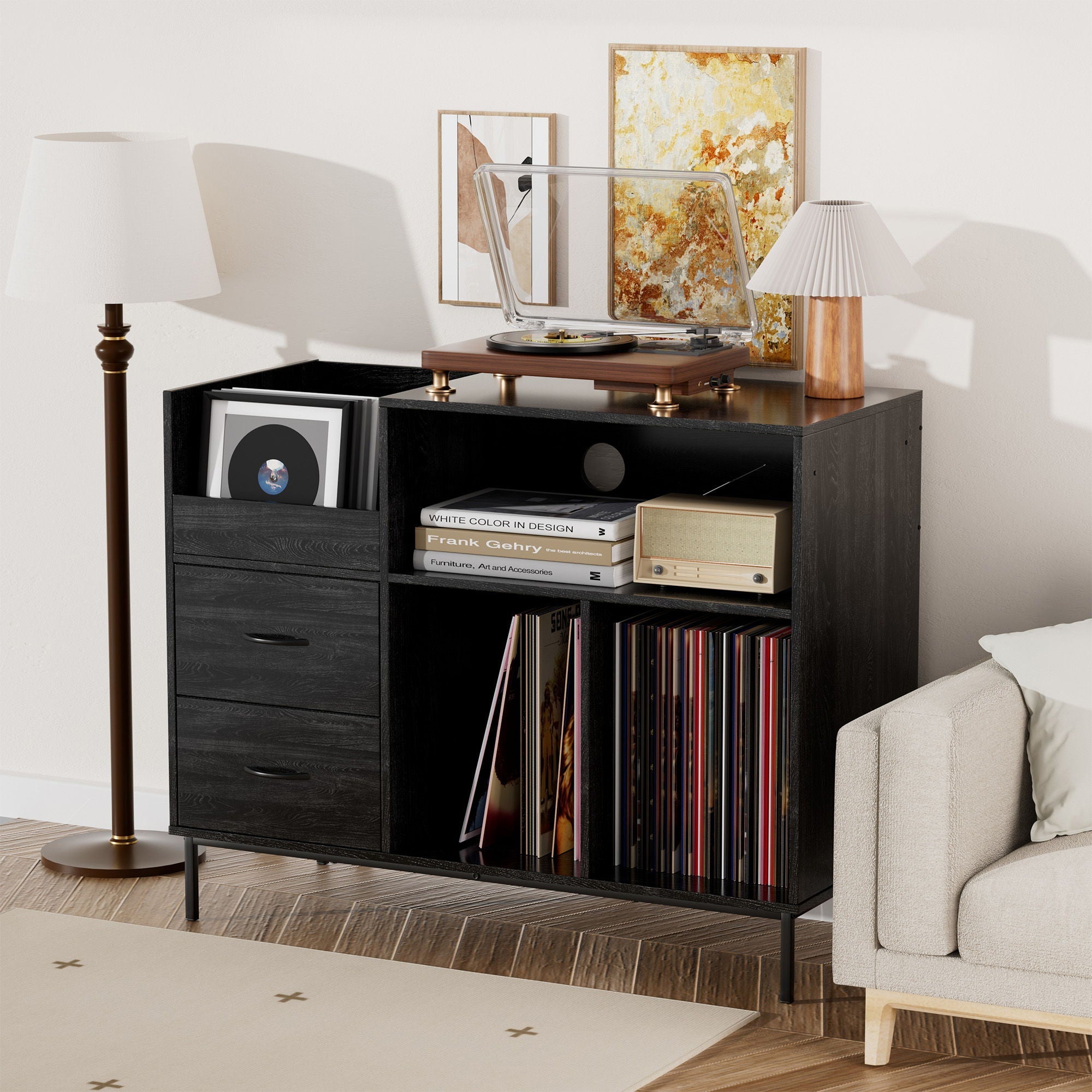 Eco-Friendly Vinyl Record Player Stand With Flip-Top Storage, Media Console With Dual Outlets And Dustproof Drawers