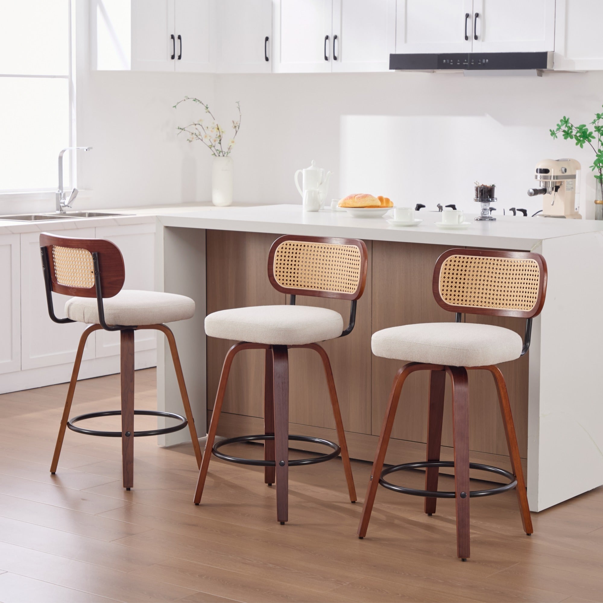 26-Inch Counter Height Bar Stools Set of 3, Walnut Black Cane Rattan Back, Beige