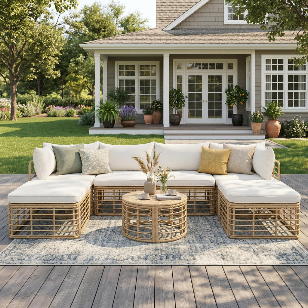 7 Pieces Outdoor Patio Furniture, All-Weather Rattan Sectional Sofa Set with