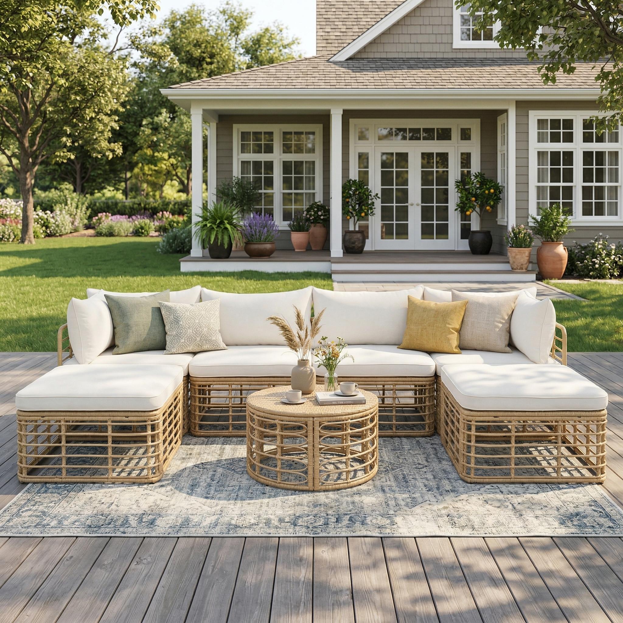 7 Pieces Outdoor Patio Furniture, All-Weather Rattan Sectional Sofa Set with
