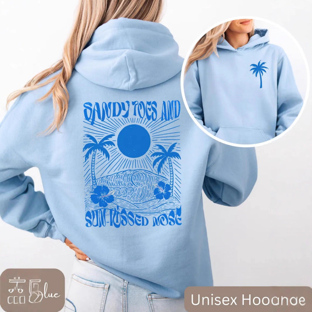 Palm Print Hoodie with Purple Bauhinia for Girls' Beach Long Sleeve Dress