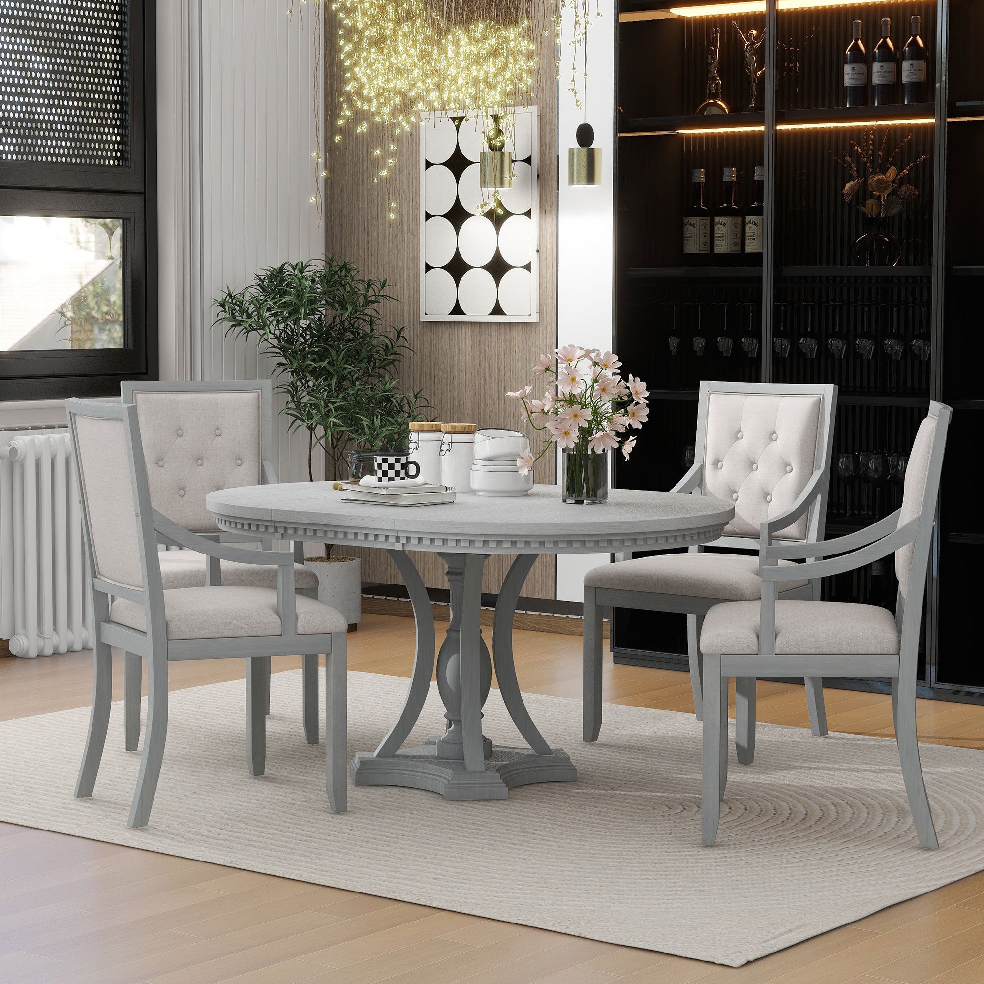 Retro 5-piece Dining Set Extendable Round Table and 4 Chairs for Kitchen Dining