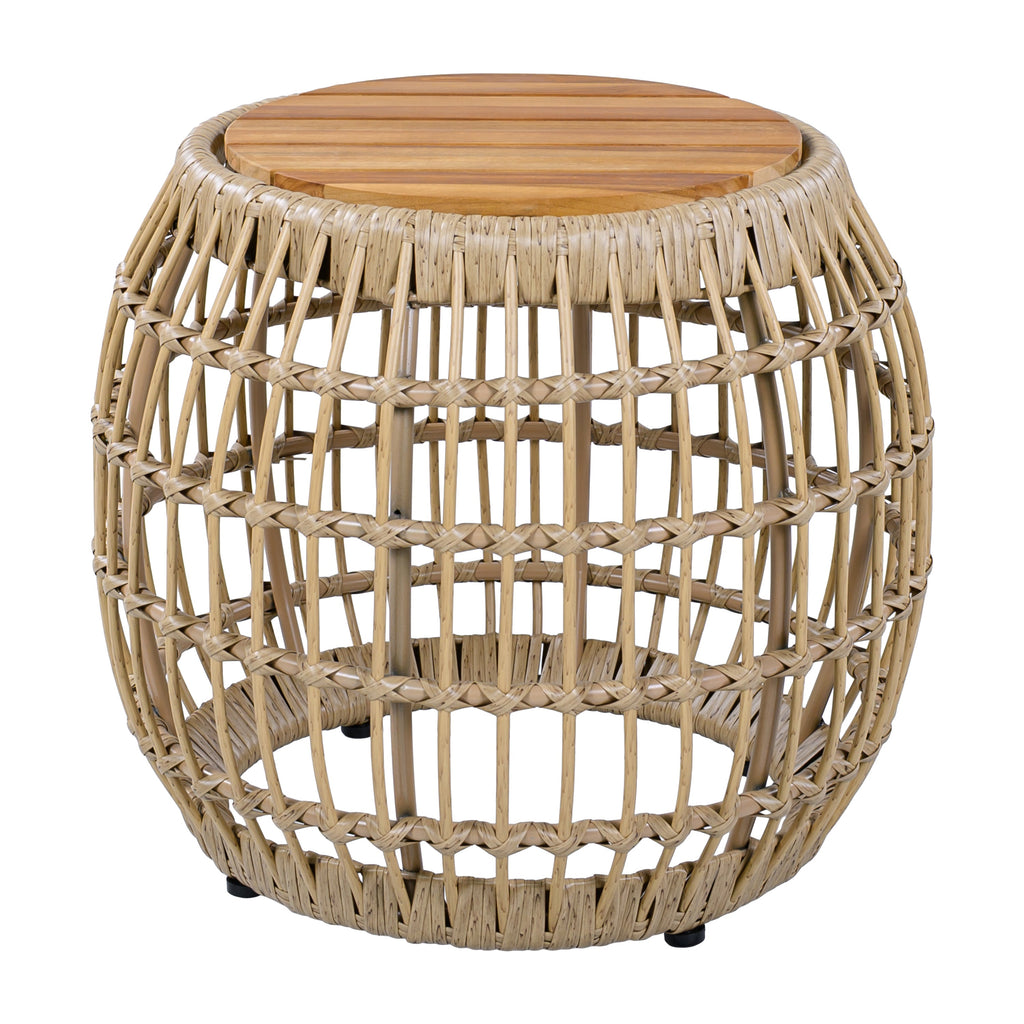 Outdoor Side Table Acacia Wood Wicker Base Round Light Brown 16in 150 LB