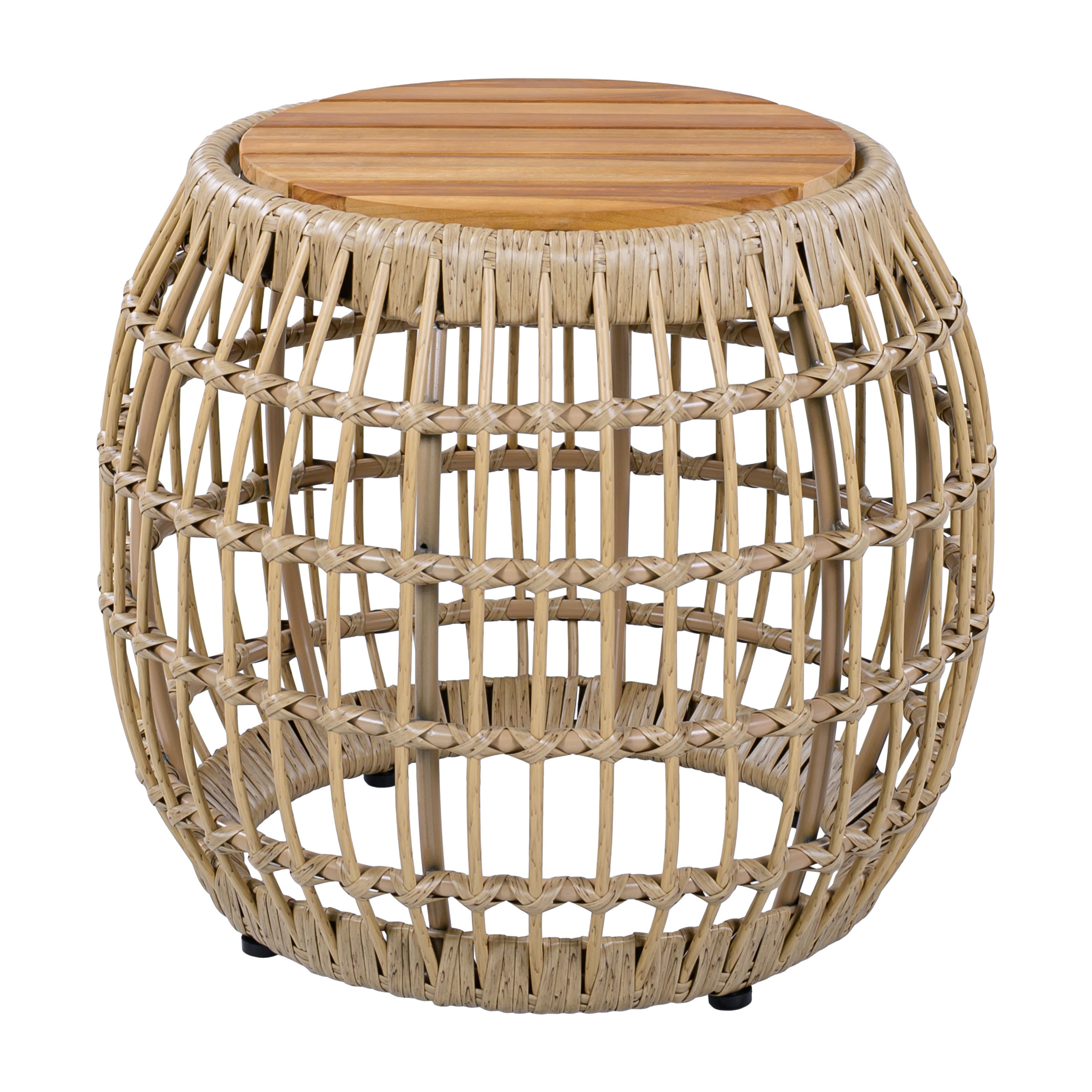 Outdoor Side Table Acacia Wood Wicker Base Round Light Brown 16in 150 LB