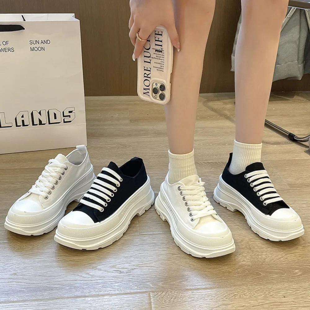 Canvas Lace Up Mid-Heel Platform Sneakers