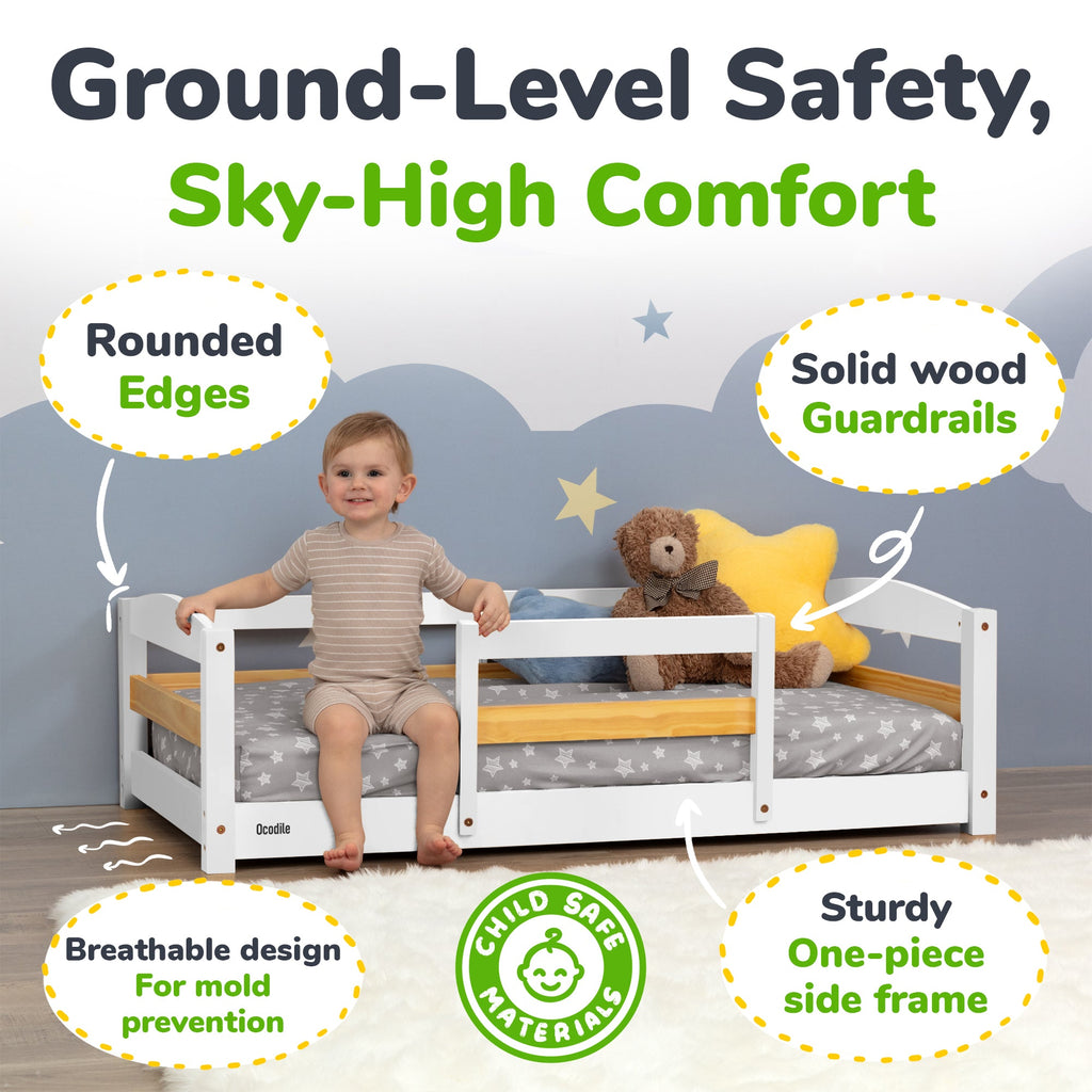 Crib Size Wooden Floor Bed Frame with Rails for Toddlers Age 1–3