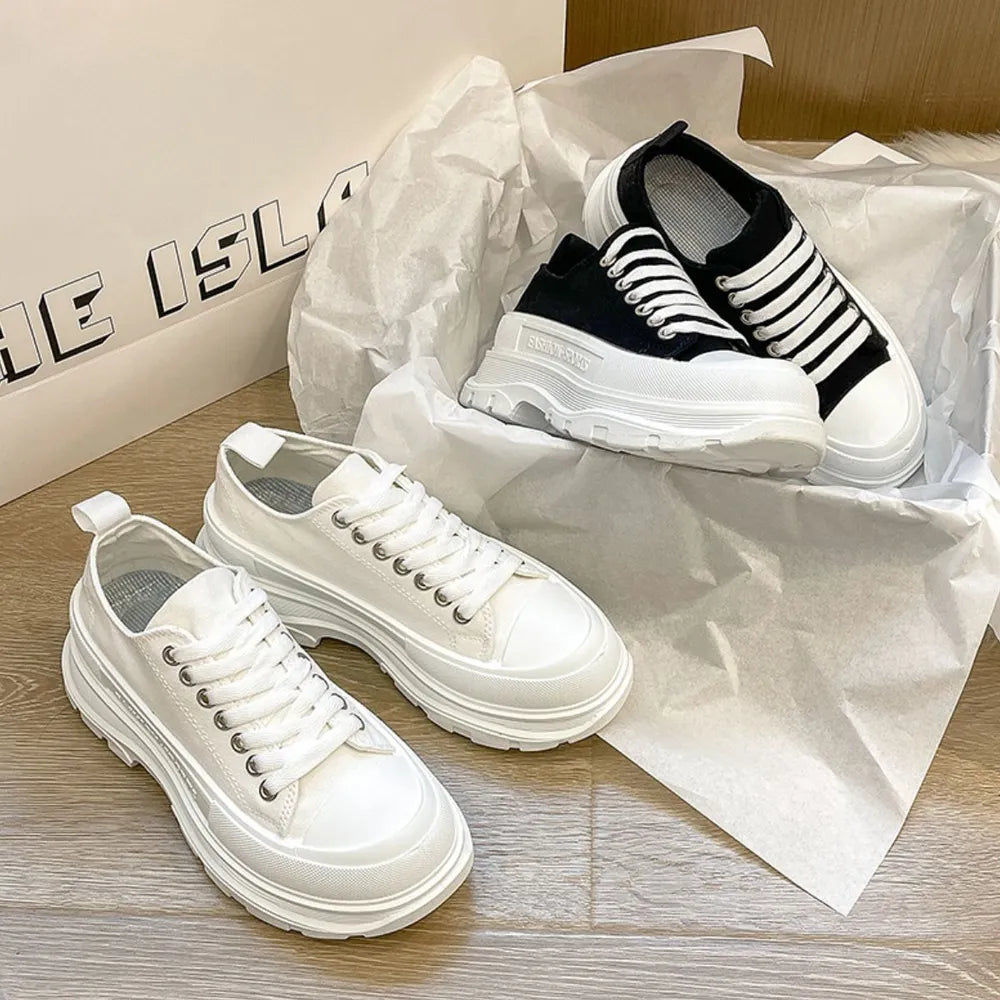 Canvas Lace Up Mid-Heel Platform Sneakers