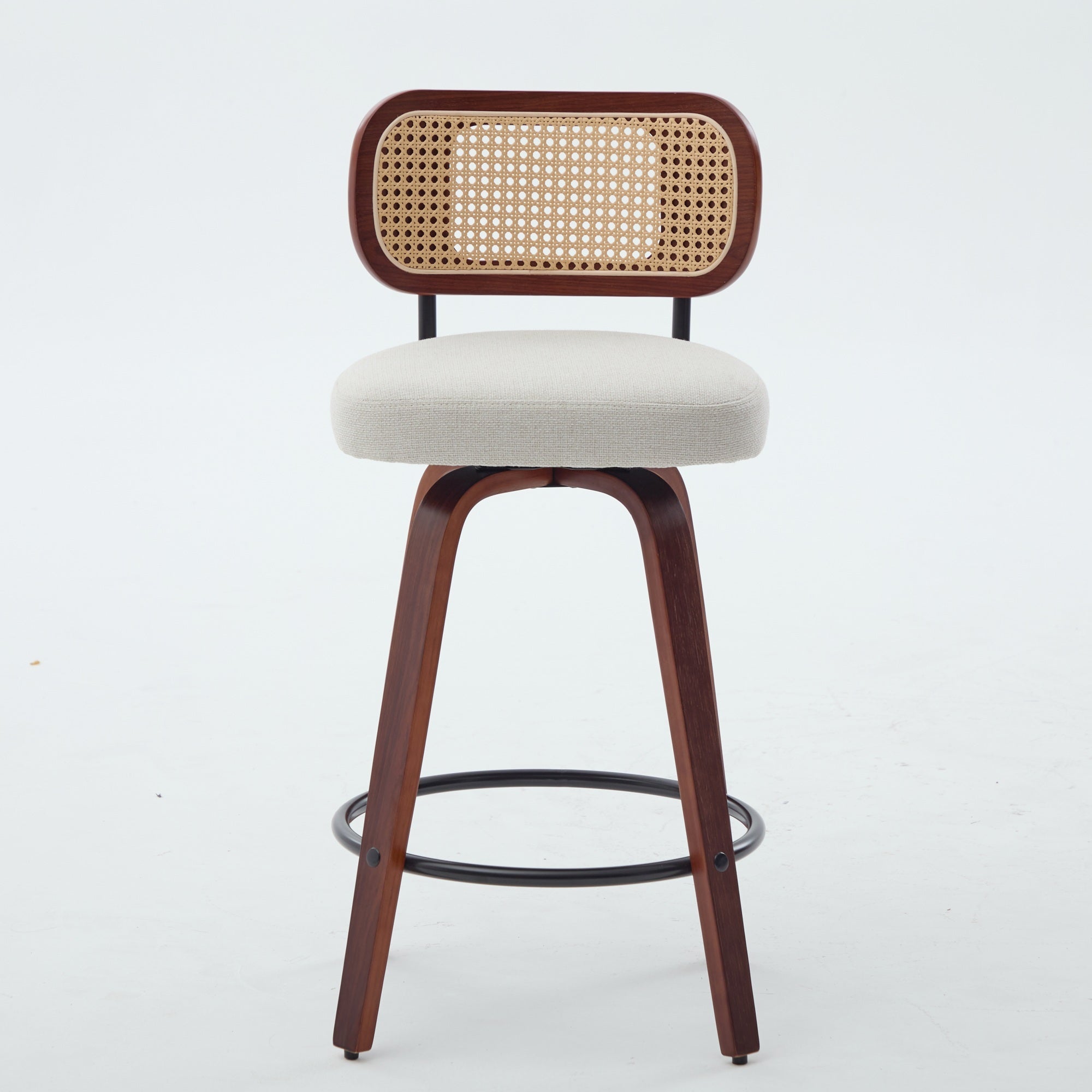 26-Inch Counter Height Bar Stools Set of 3, Walnut Black Cane Rattan Back, Beige