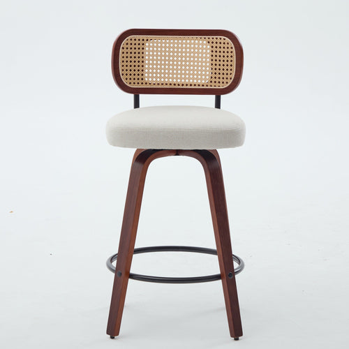 26-Inch Counter Height Bar Stools Set of 3, Walnut Black Cane Rattan Back, Beige