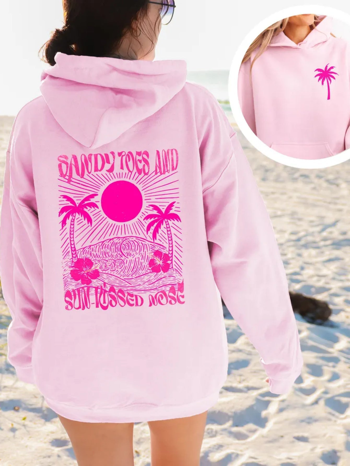 Palm Print Hoodie with Purple Bauhinia for Girls' Beach Long Sleeve Dress