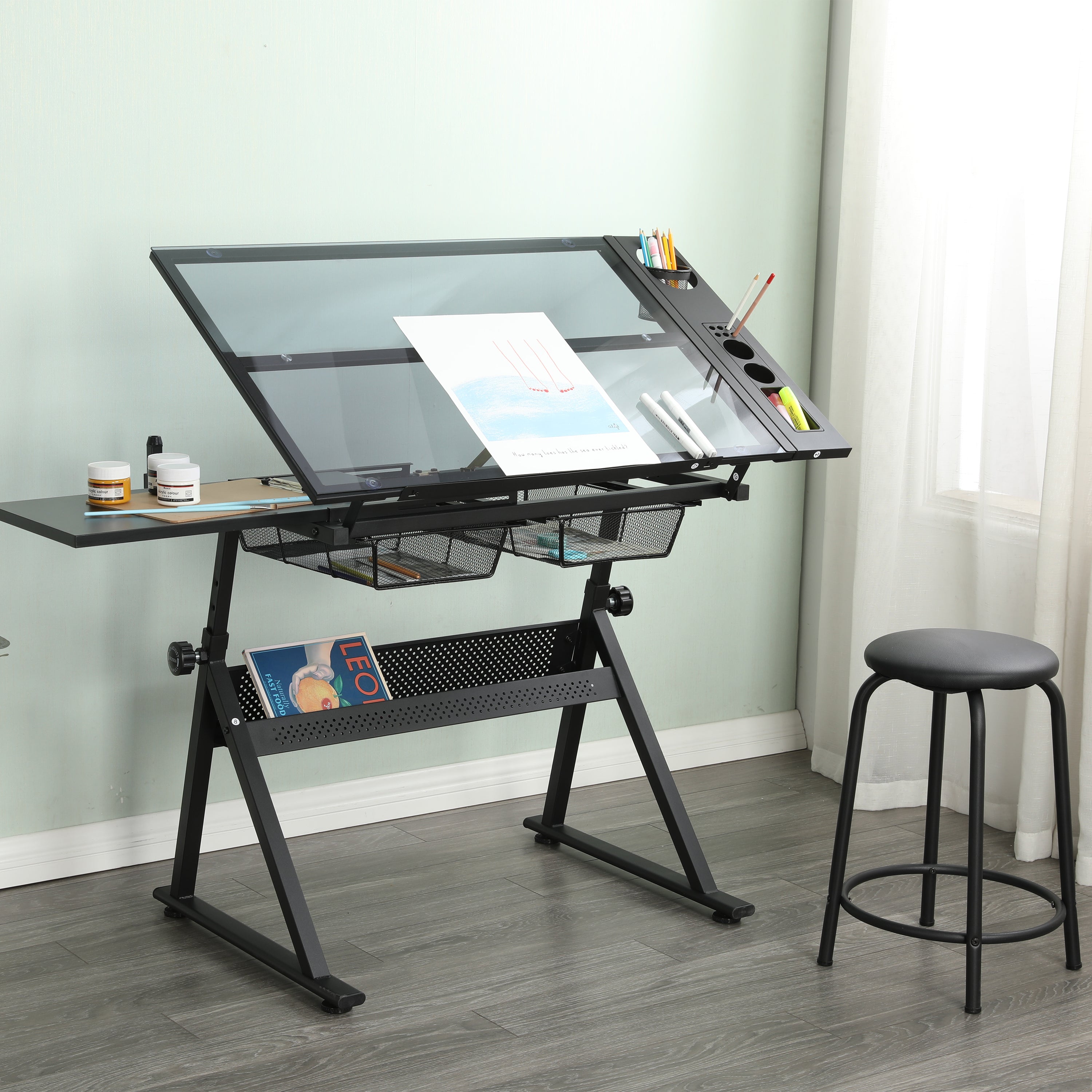 black adjustable tempered glass drafting printing table with chair