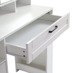 Vanity table with large sliding lighted mirror dressing table with 2 drawers storage shelves and upholstered stool white color
