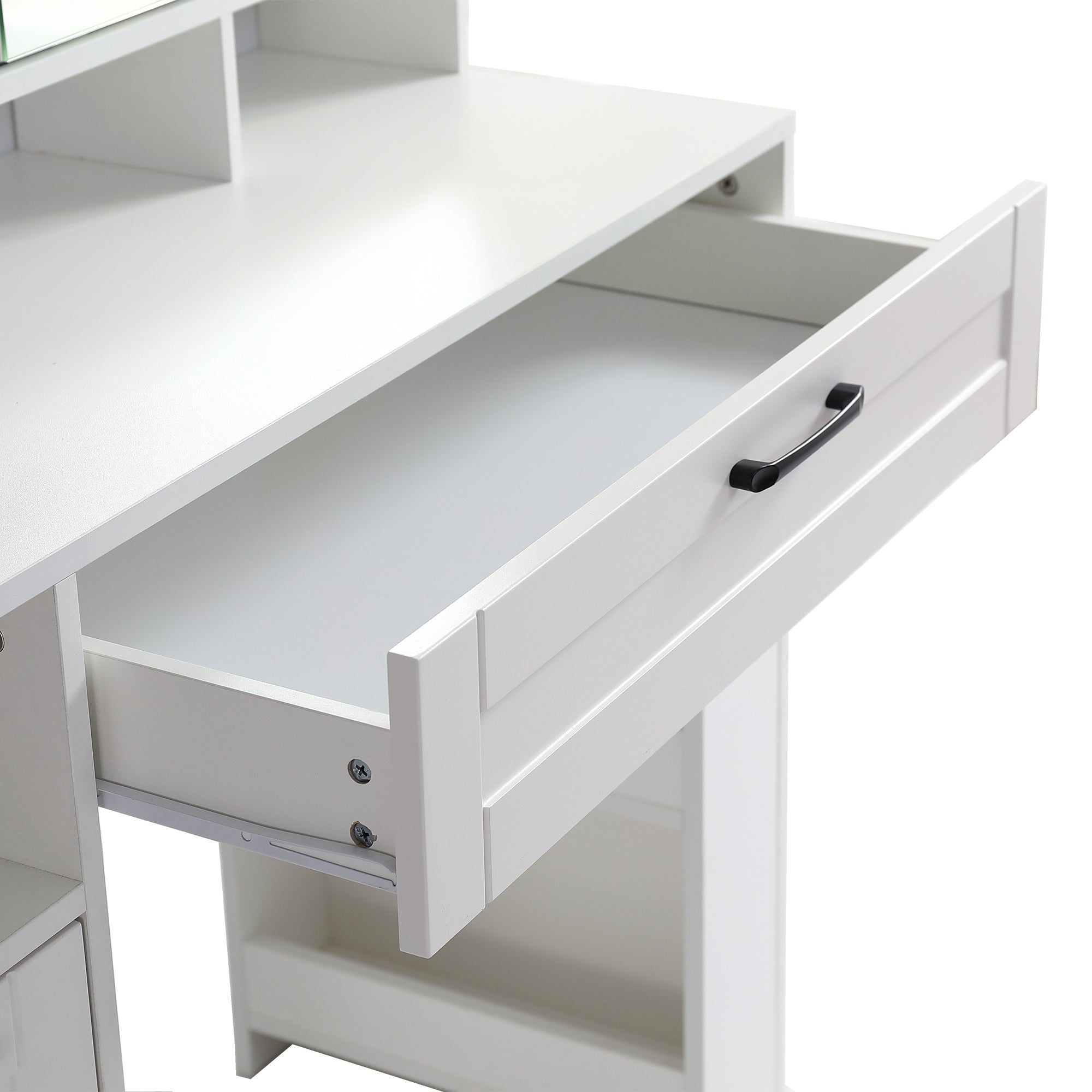 Vanity table with large sliding lighted mirror dressing table with 2 drawers storage shelves and upholstered stool white color
