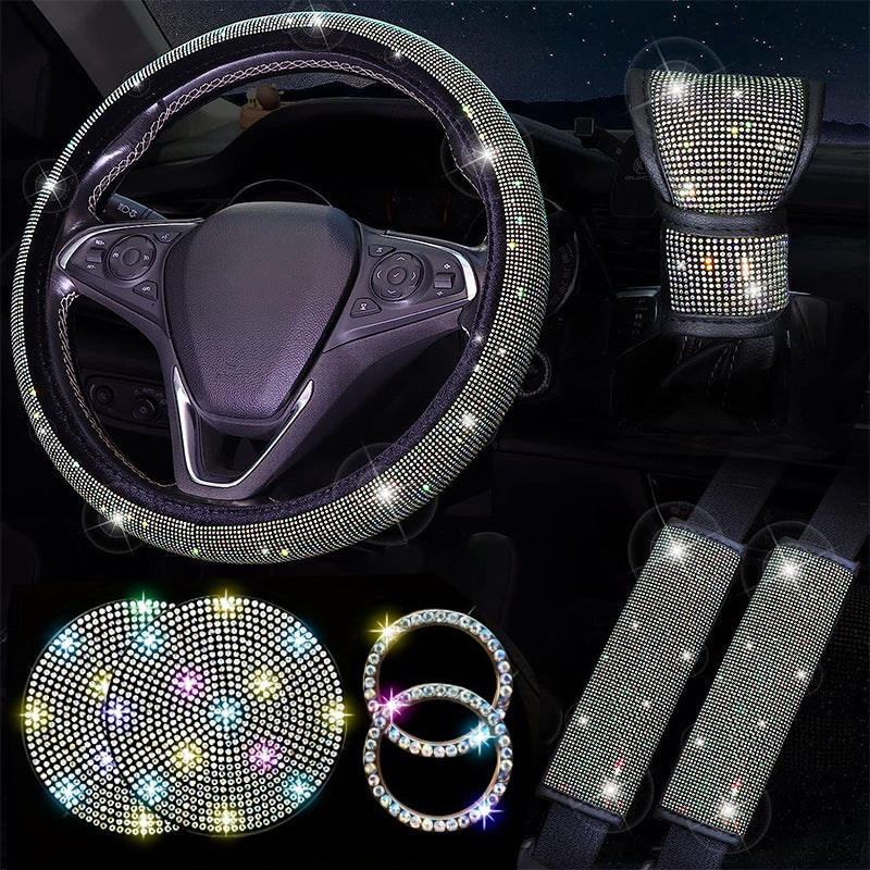 Diamond Set Leather Steering Wheel Cover Rhinestones Steering Wheel Cover With Crystal Breathable Anti-Slip Steering Wheel Protector Diamond Sparkling Car Steering Wheel Protector Vehicle Car Bling Steering Wheel Cover for Women Girls