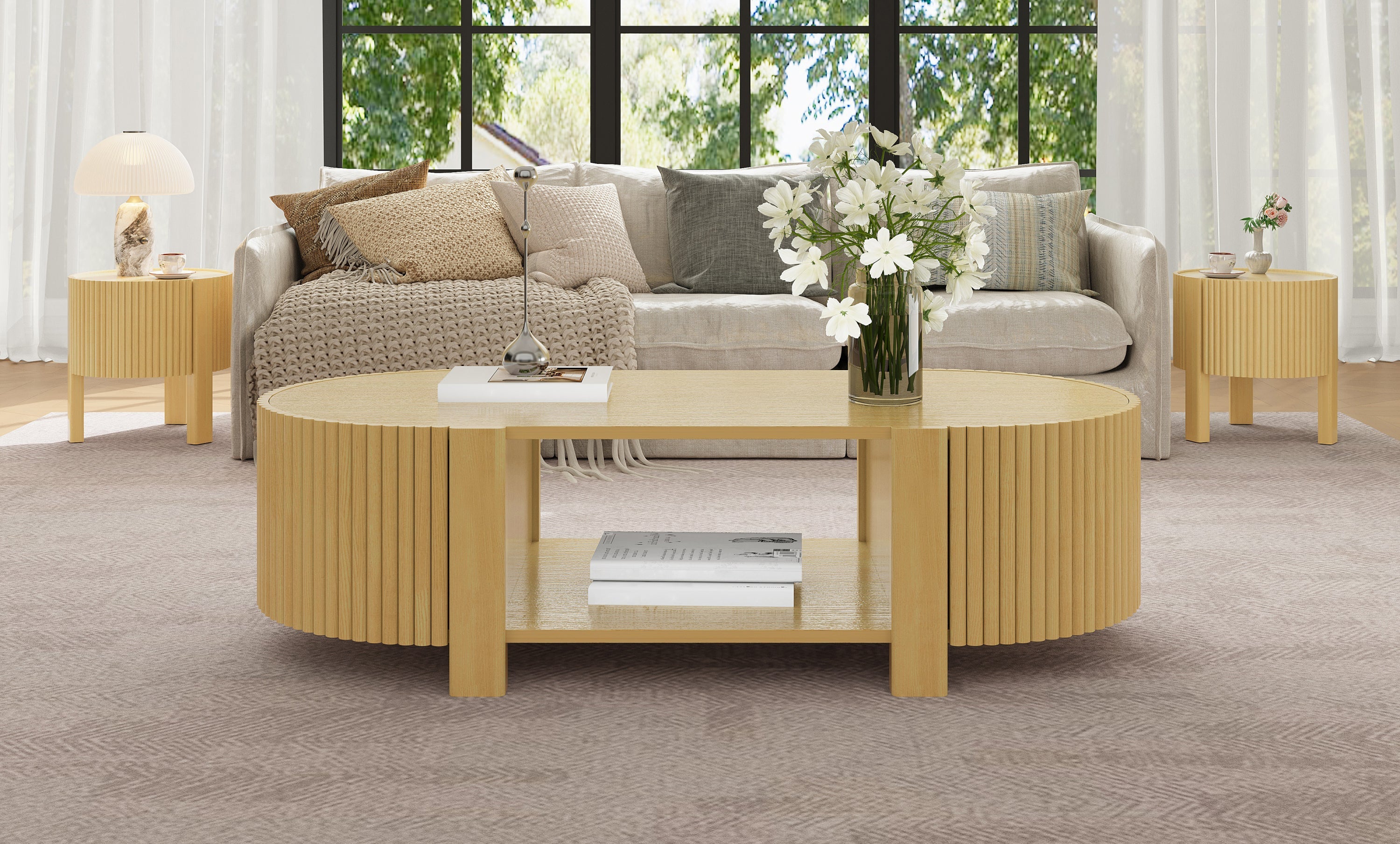3-Piece Living Room Table Set, 1 Coffee and 2 Side Tables, Solid Wood, 47 in