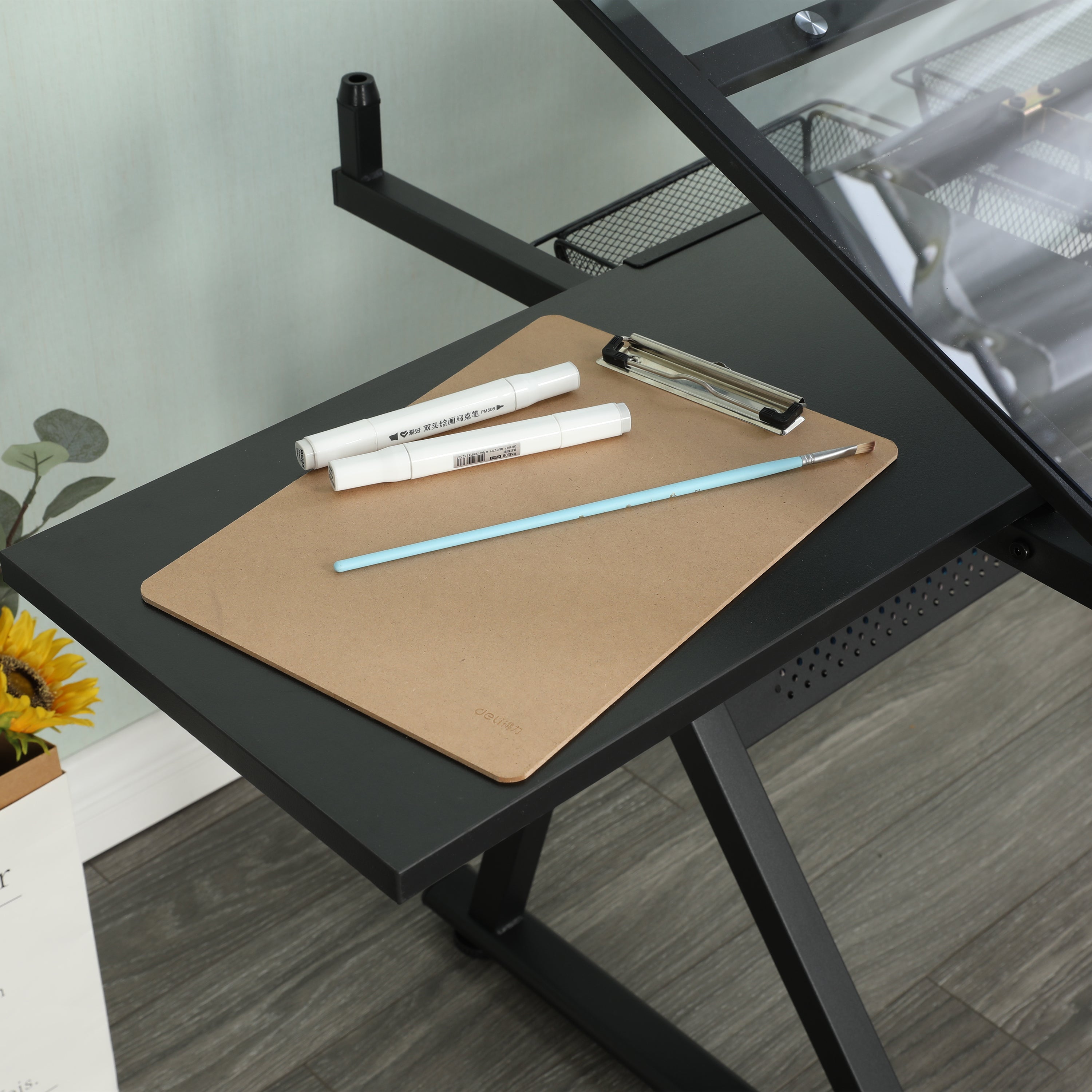 black adjustable tempered glass drafting printing table with chair