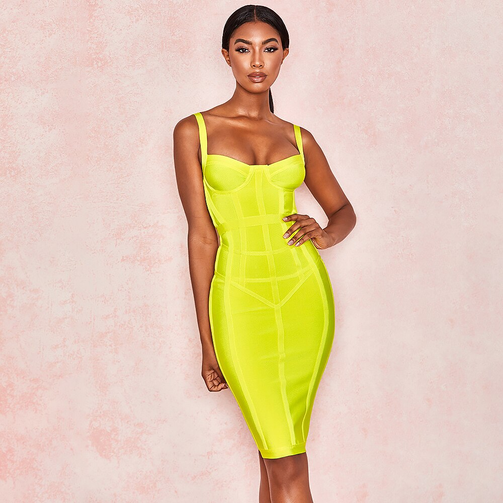 Summer Green Knee Length Hl Bandage Fresses Women Yellow Spaghetti Strap Sweetheart Sexy Sleeveless Blue Dress Bodycon