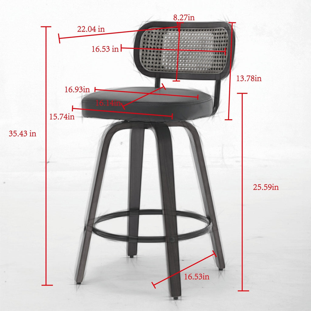 26-Inch Counter Height Bar Stools Set of 3, Walnut Black Cane Rattan Back, Beige