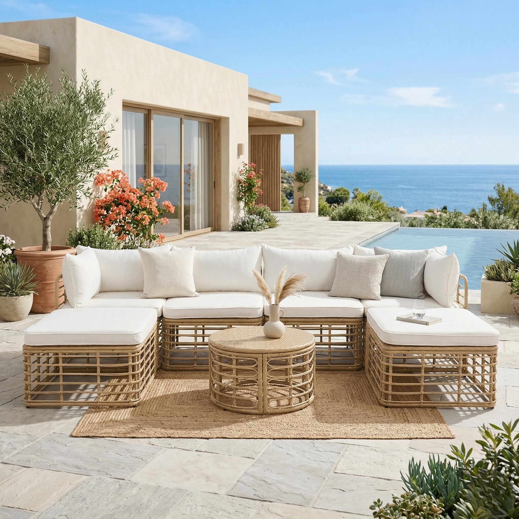 7 Pieces Outdoor Patio Furniture, All-Weather Rattan Sectional Sofa Set with