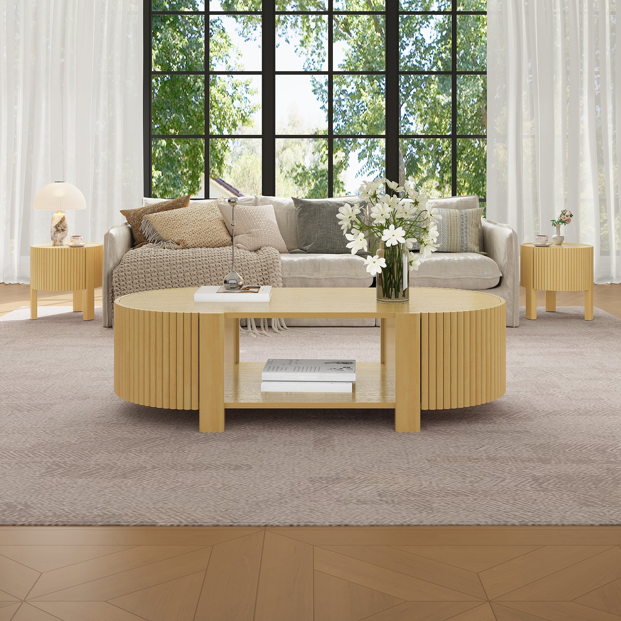 3-Piece Living Room Table Set, 1 Coffee and 2 Side Tables, Solid Wood, 47 in