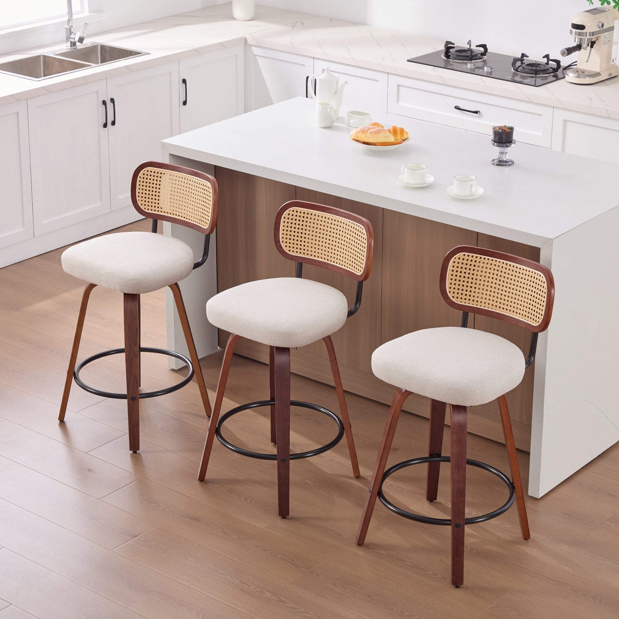 26-Inch Counter Height Bar Stools Set of 3, Walnut Black Cane Rattan Back, Beige