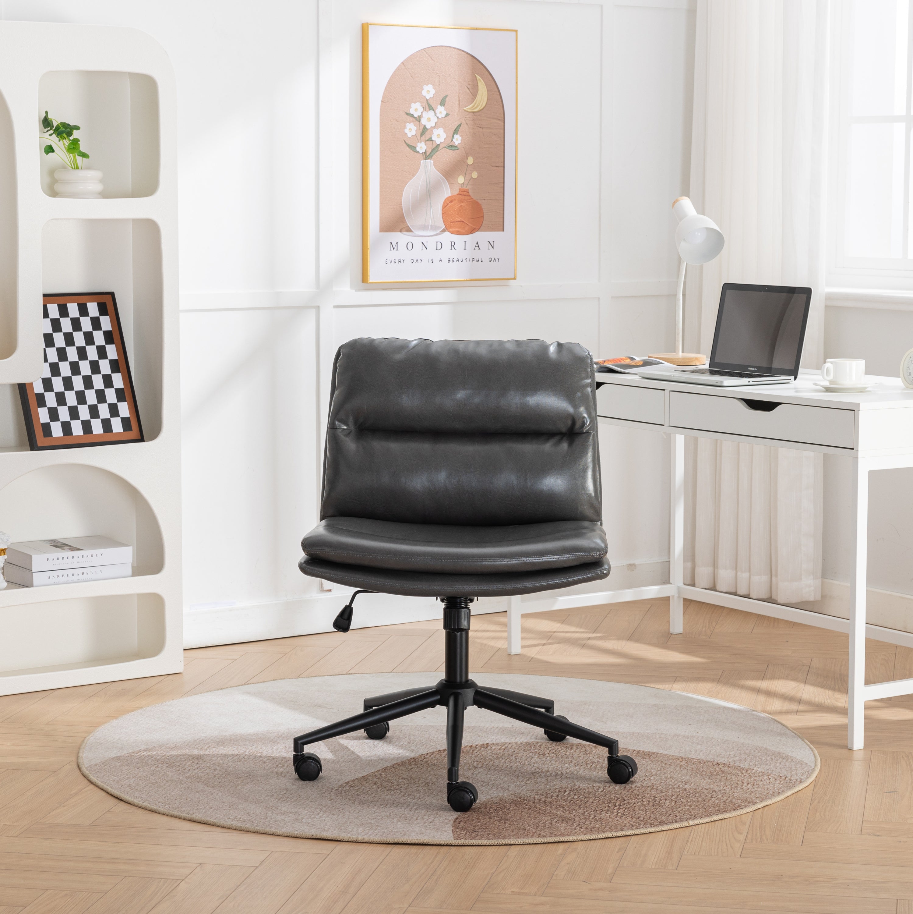 Office Chair Swivel Criss-Cross PU Leather Gray Iron Base Adjustable Height