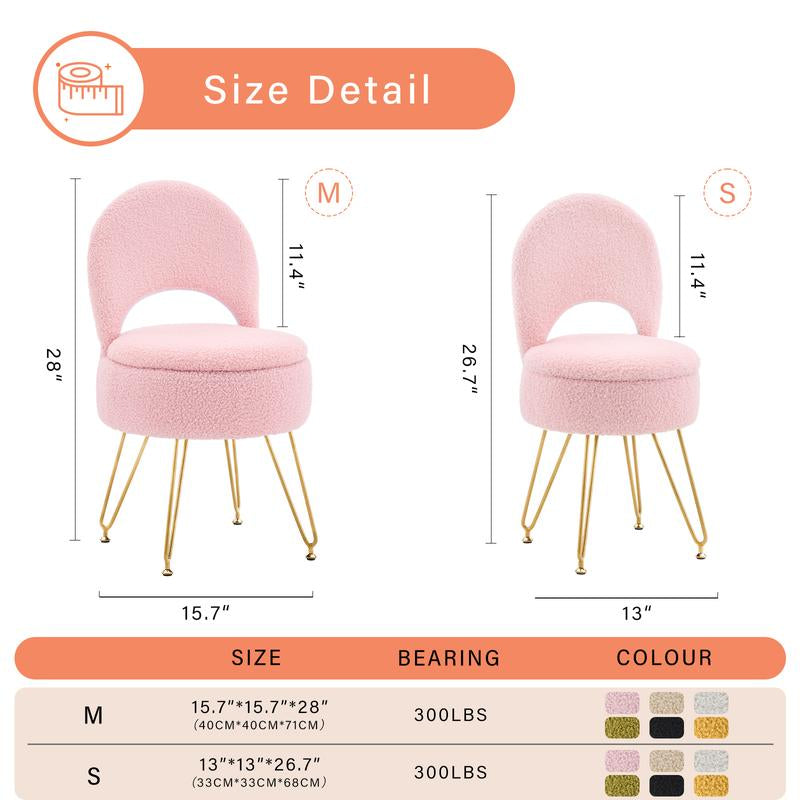 Storage Ottoman Vanity Stool Chair with Folding Back Teddy Velvet Makeup Chair Multifunctional Upholstered Footstool,4 Metal Legs with Anti-Slip Feet for Bedroom Living Room Entryway
