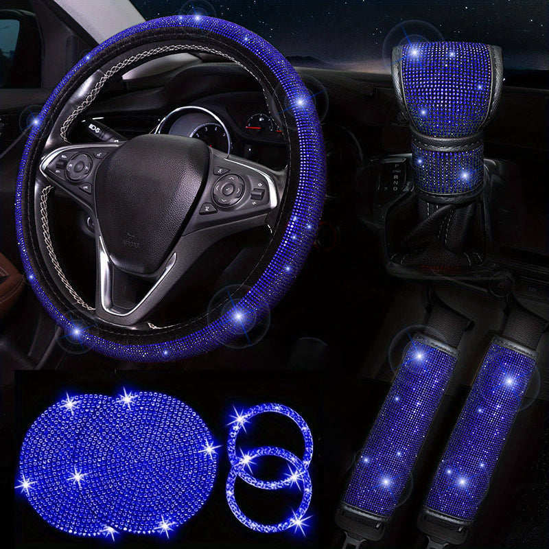 Diamond Set Leather Steering Wheel Cover Rhinestones Steering Wheel Cover With Crystal Breathable Anti-Slip Steering Wheel Protector Diamond Sparkling Car Steering Wheel Protector Vehicle Car Bling Steering Wheel Cover for Women Girls