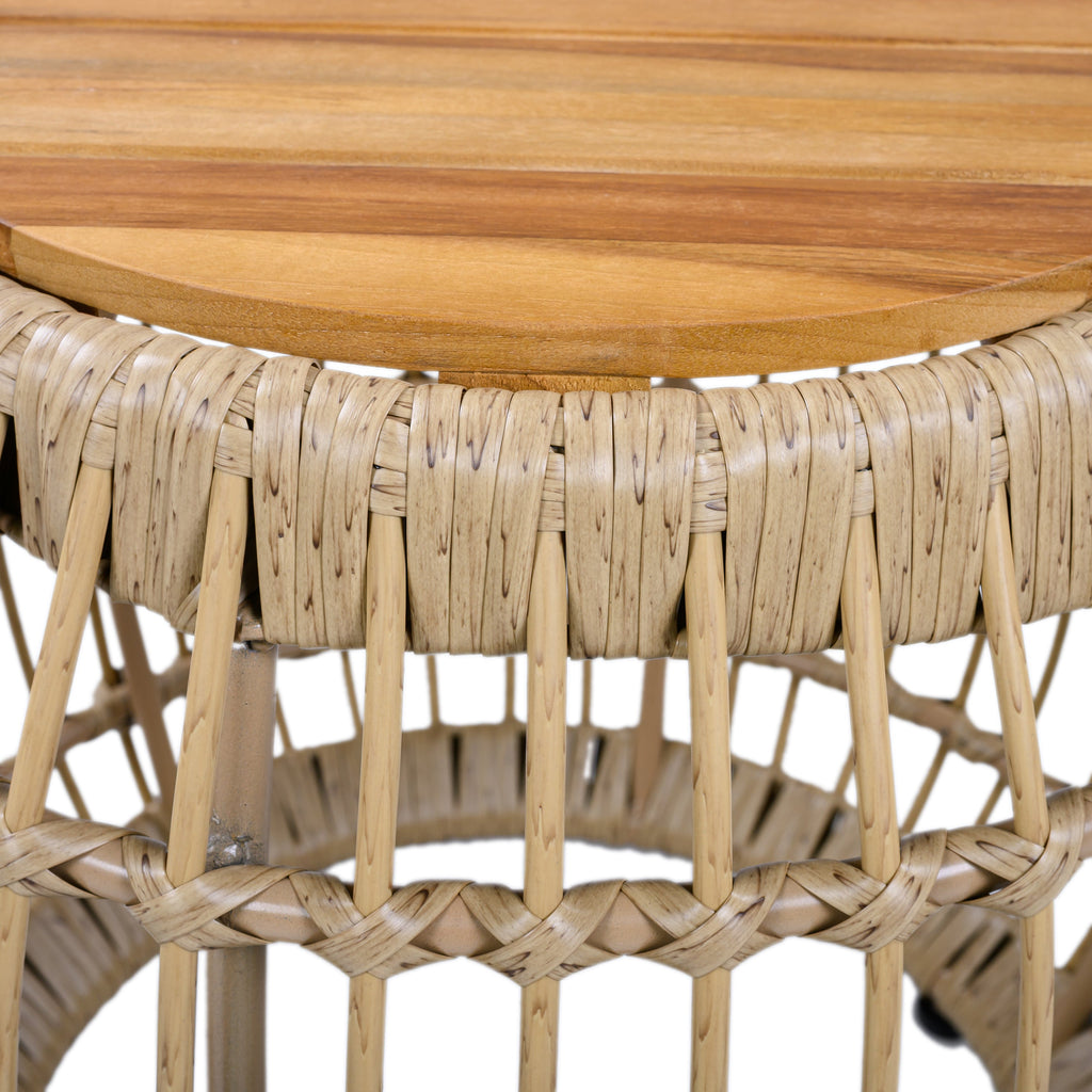 Outdoor Side Table Acacia Wood Wicker Base Round Light Brown 16in 150 LB