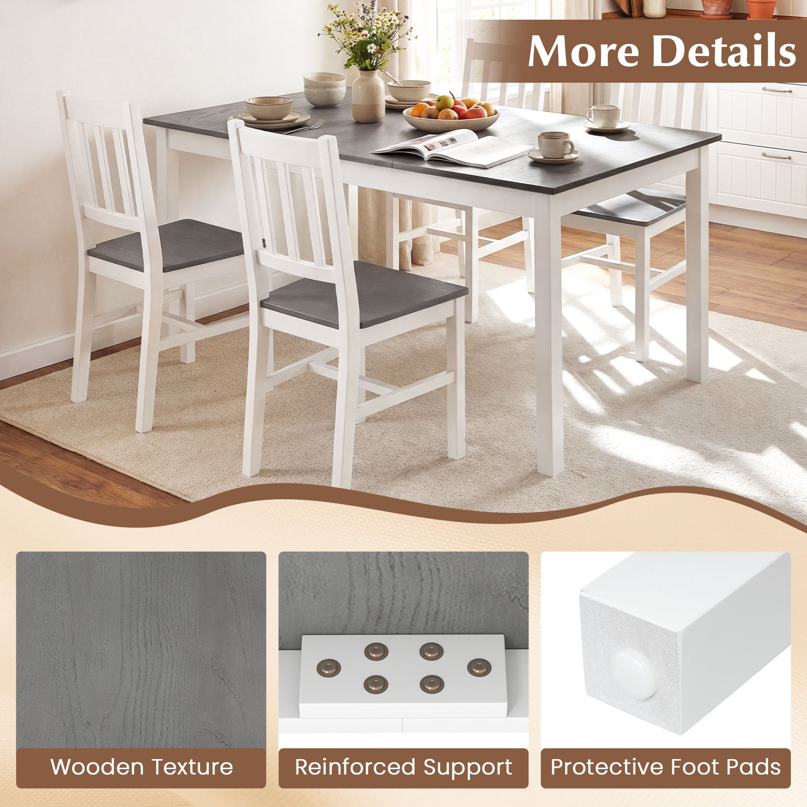 60 Inch Rectangular Dinner Table with Solid Rubber Wood Legs