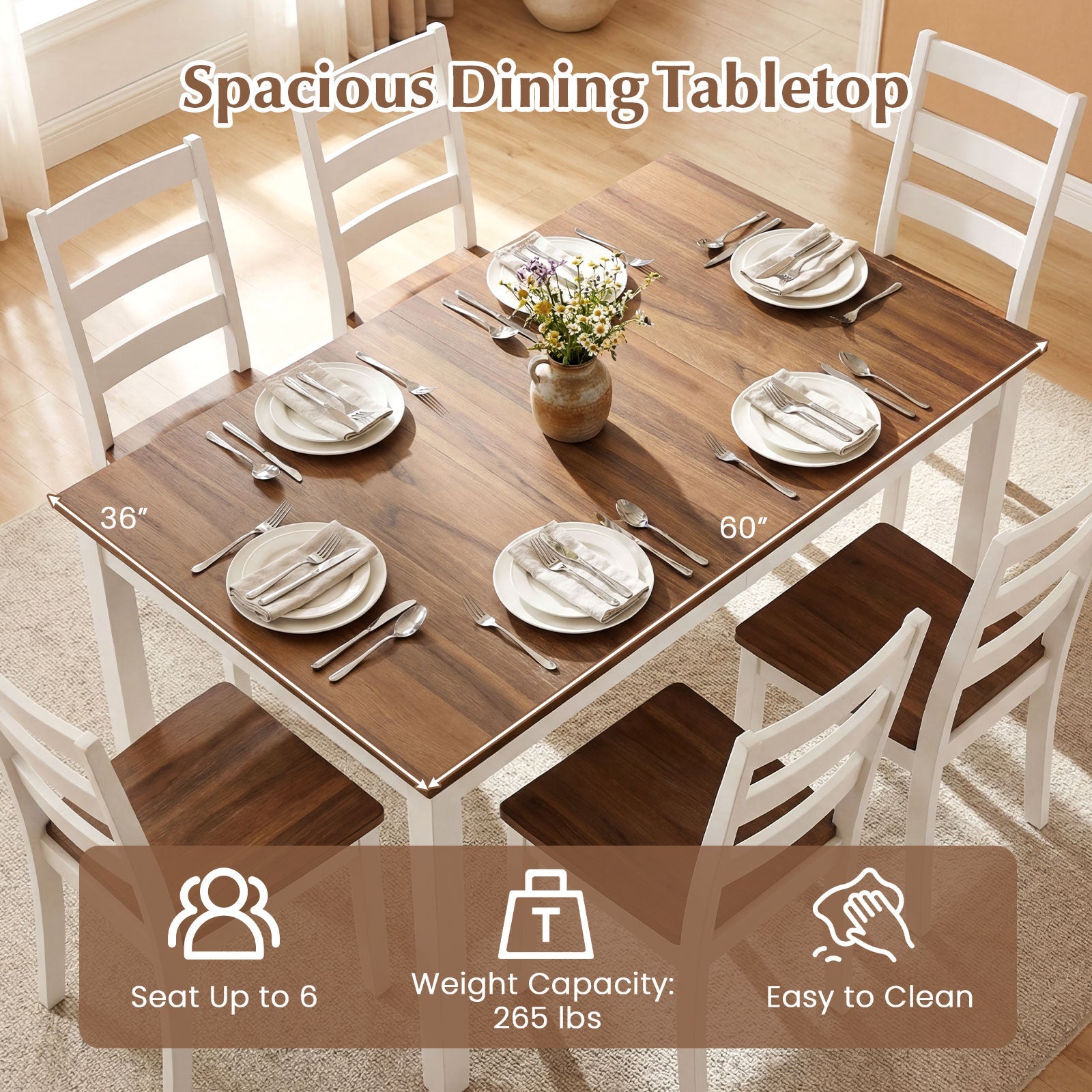 60 Inch Rectangular Dinner Table with Solid Rubber Wood Legs