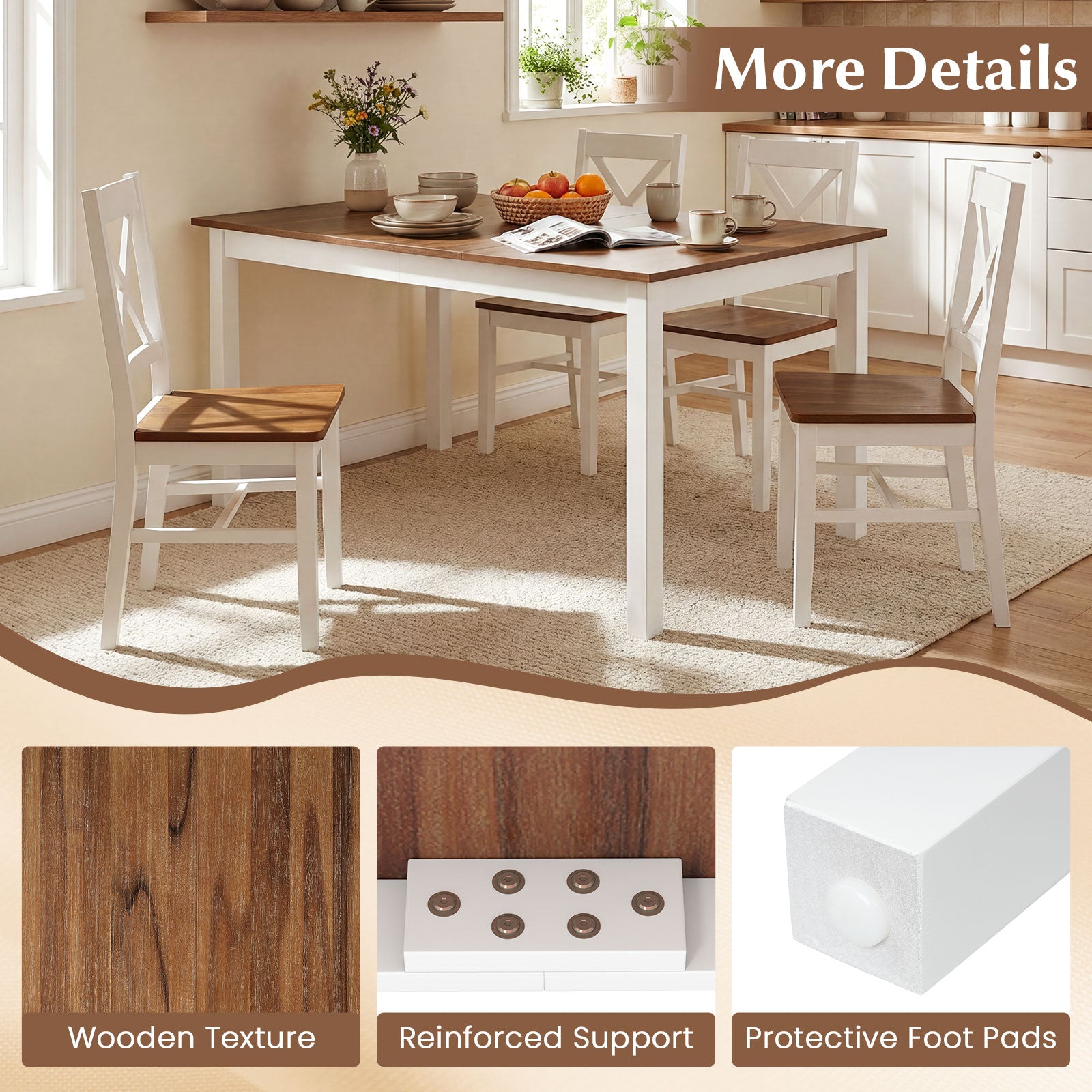 60 Inch Rectangular Dinner Table with Solid Rubber Wood Legs