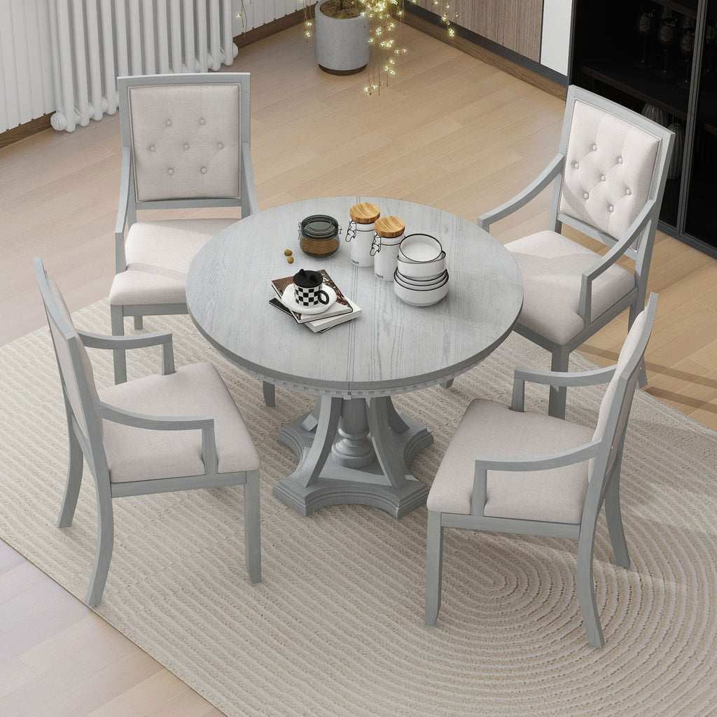 Retro 5-piece Dining Set Extendable Round Table and 4 Chairs for Kitchen Dining