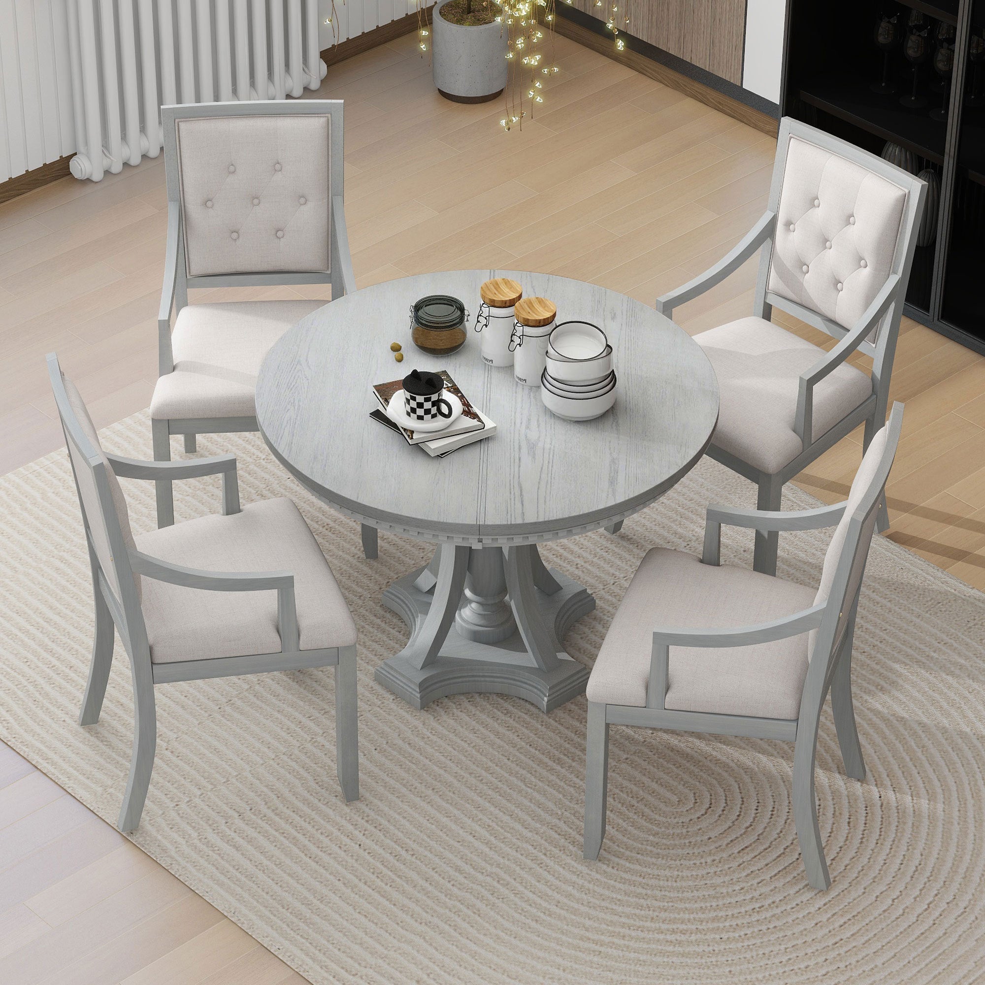 Retro 5-piece Dining Set Extendable Round Table and 4 Chairs for Kitchen Dining